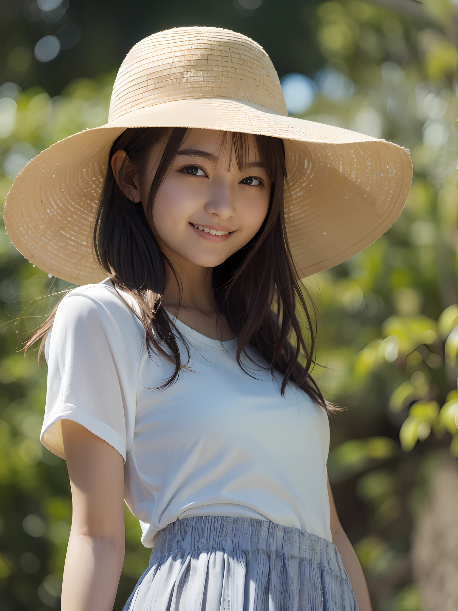 masterpiece、top-quality、masterpiece、1girl in、Looking at the camera、Happy smile、Sun flower、evening shower、White blouses、a miniskirt、White underwear is visible from the inside of the skirt from below、Live action、realisitic、a straw fedora hat、Skirt soars