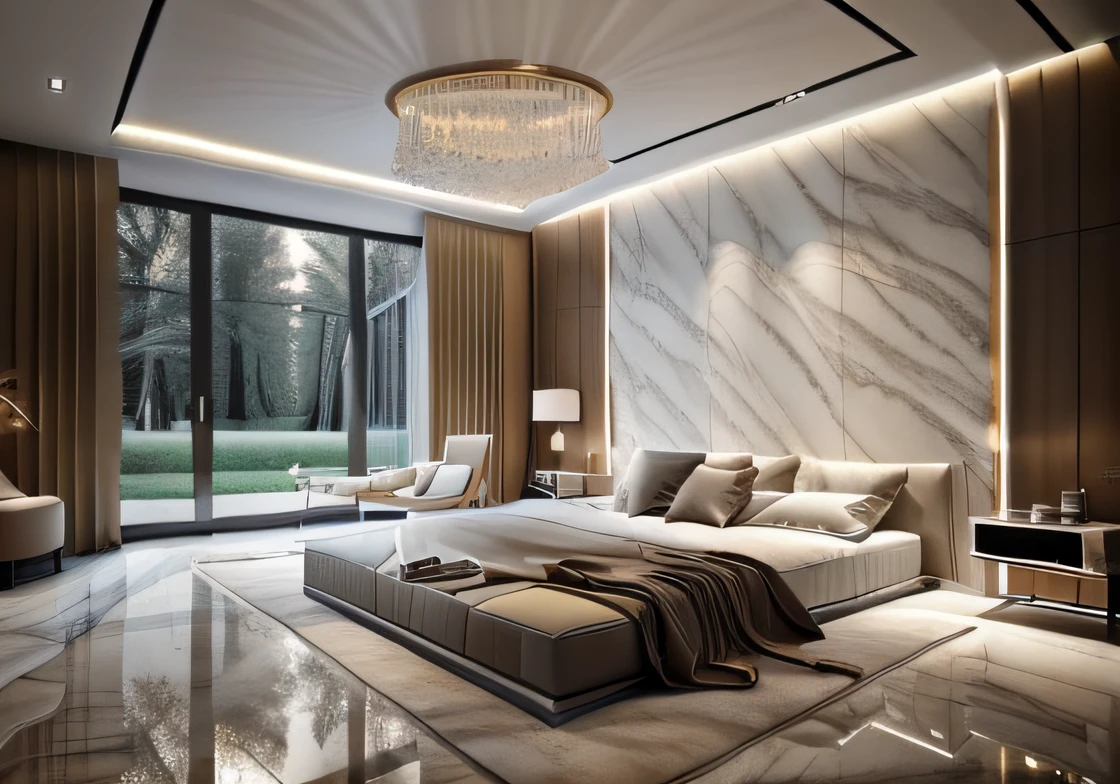 ((Best quality, 8k, Masterpiece :1.3)), bedroom design, minimalist motif furniture, flat plaster ceiling, glossy marble floor