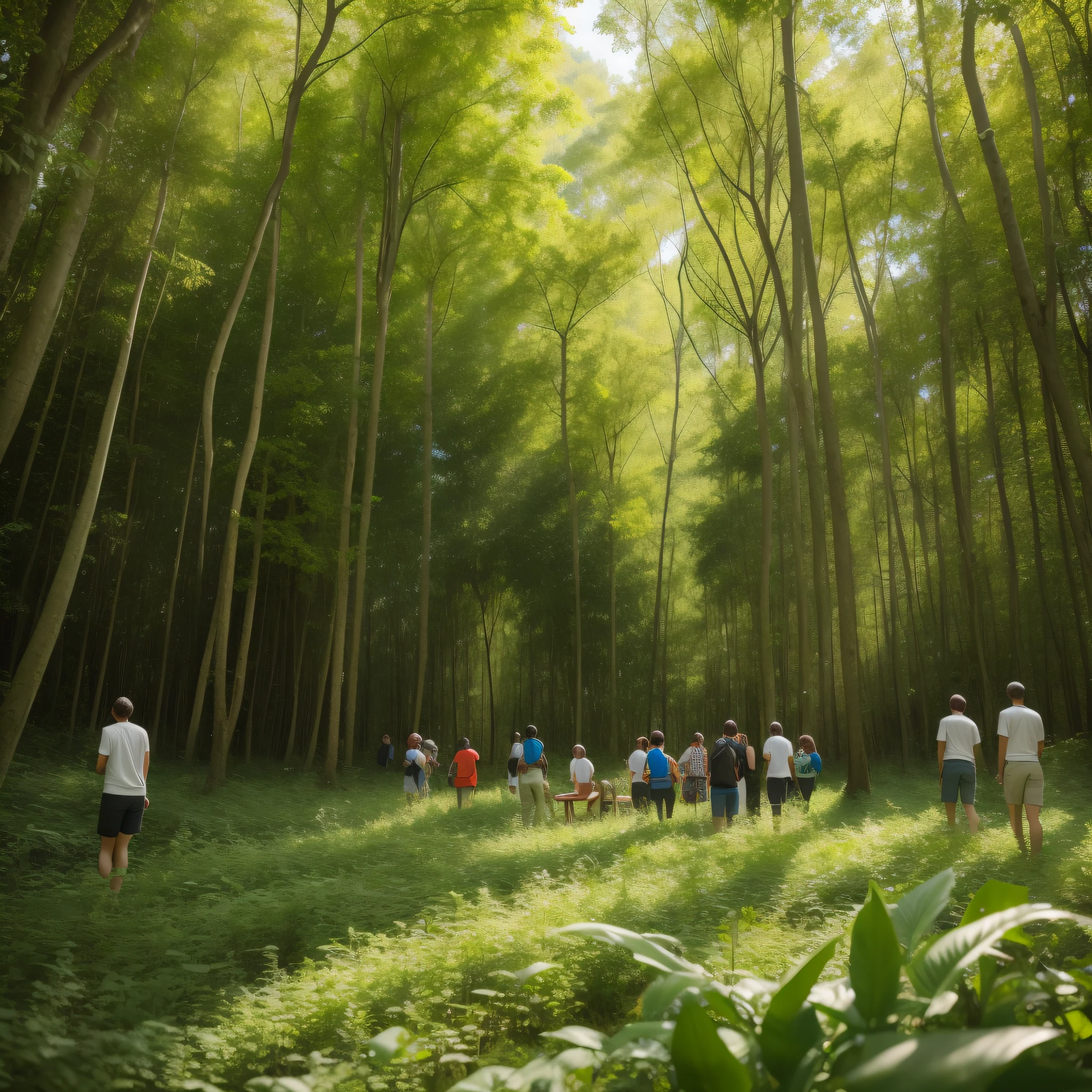 (group of people:0.9) in a lush forest, captivated