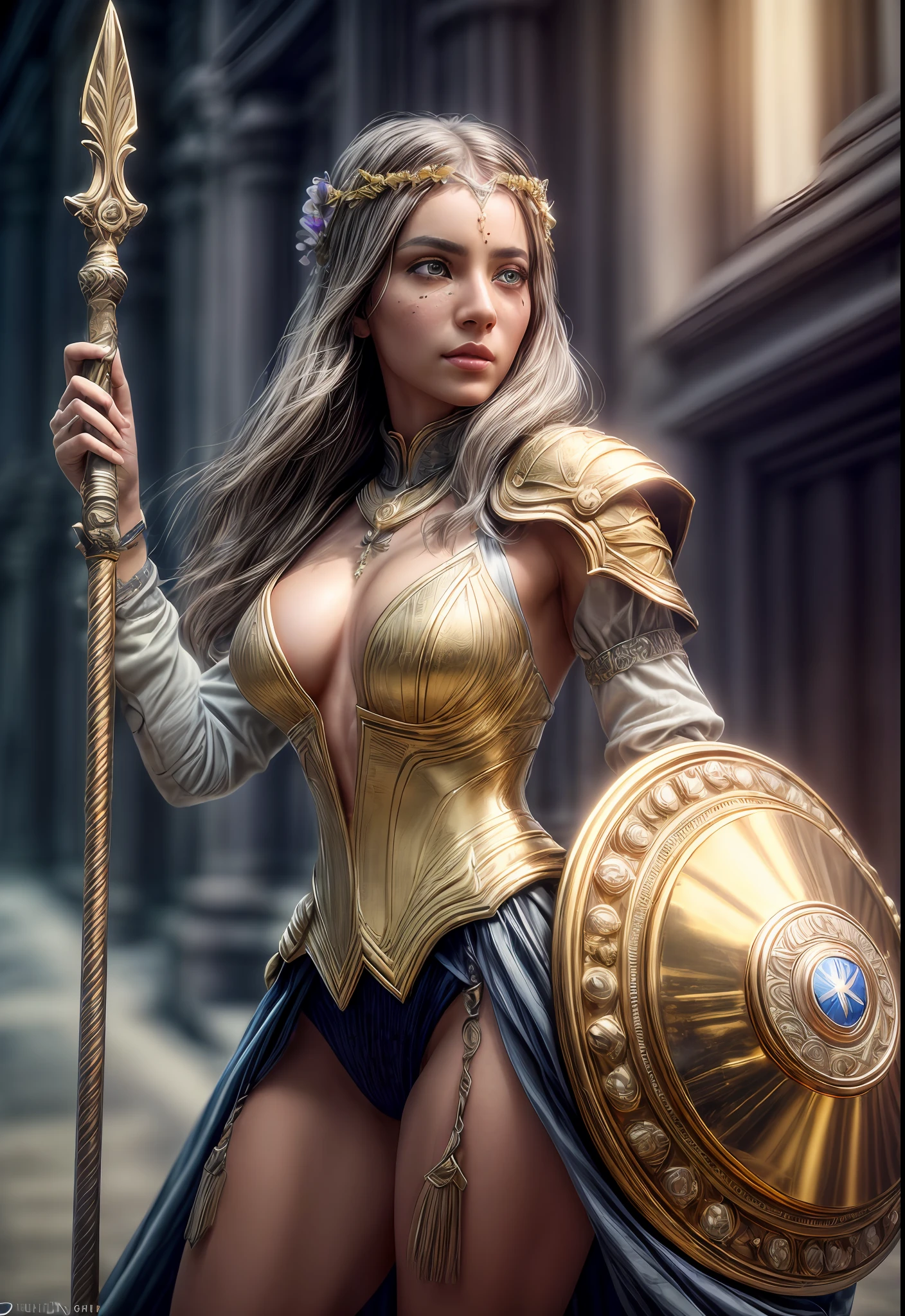 Female spartan warrior wearing intricate gold and diomond armored, she's got one hand holding a beautiful extremely carved shield and she holds up her golden handle sword up in the air as she tells "charge!", dusty, shallow depth of field, cinematic light, soft light (RAW, analogue, Nikon Z 14mm ultra-wide angle lens, award-winning glamour photograph, ((best quality)), ((masterpiece)), ((realistic)), tessellation, ambient occlusion, ray-tracing, subsurface scattering, radiant light rays, high-res, detailed facial features, high detail, sharp focus, smooth, aesthetic, extremely detailed, (extremely detailed eyes, extremely detailed iris), extremely detailed hair, extremely detailed skin, extremely detailed clothes, octane render, photorealistic, realistic, post-processing, max detail, realistic shadows, roughness, natural skin texture, real life, ultra-realistic, photorealism, photography, 8k UHD, photography, hdr, intricate, elegant, highly detailed, sharp focus, stunning, beautiful, gorgeous), 8k, intricate, elegant, highly detailed, majestic, digital photography, (masterpiece, sidelighting, finely detailed beautiful eyes: 1.2), HDR, wide angle camera, full portrait, full body