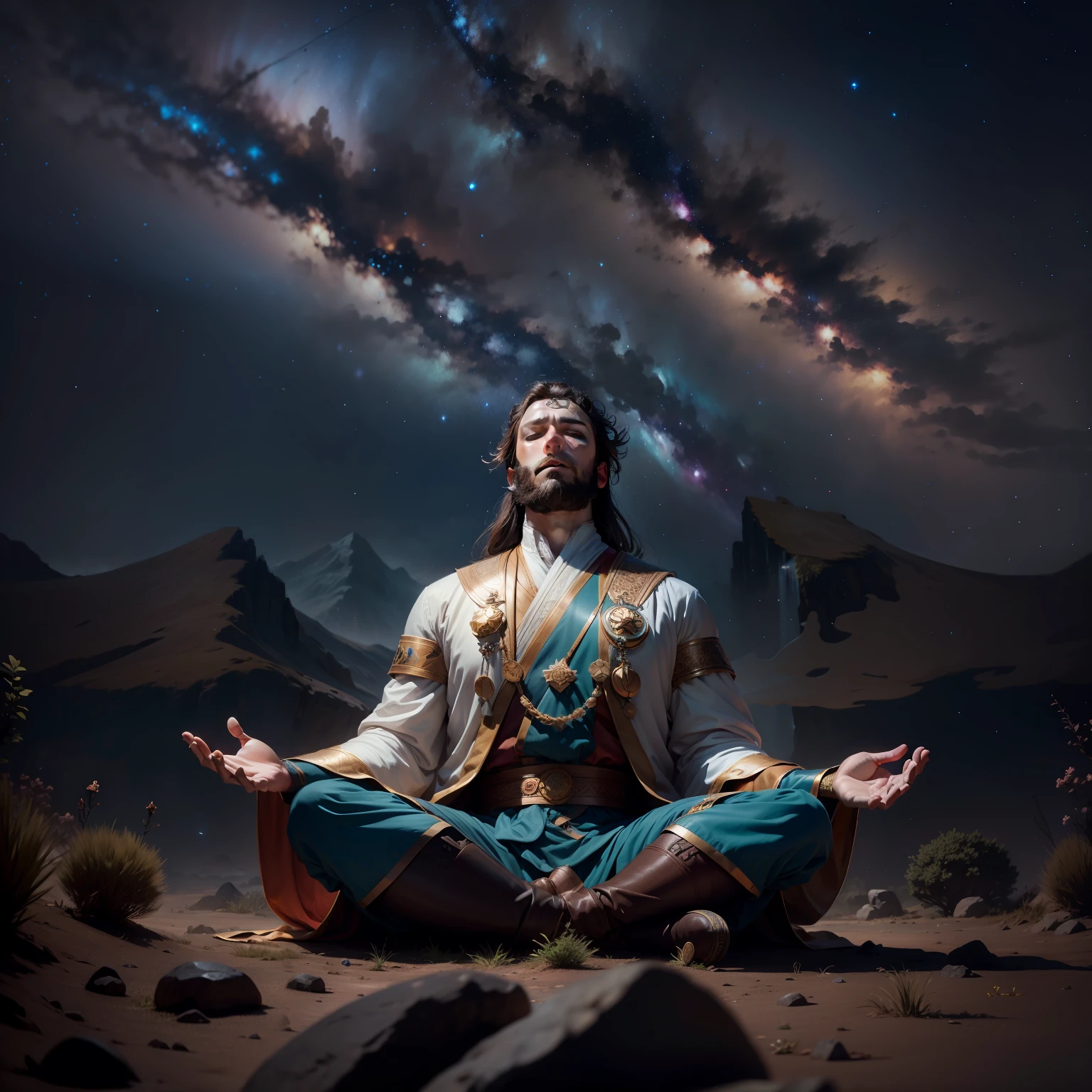 frontal view, natural light, Joshua meditating in the wilderness, brown beard, closed eyes, lotus position, night, focus on historical clothing, starry sky, (milky way), 4k, HDR