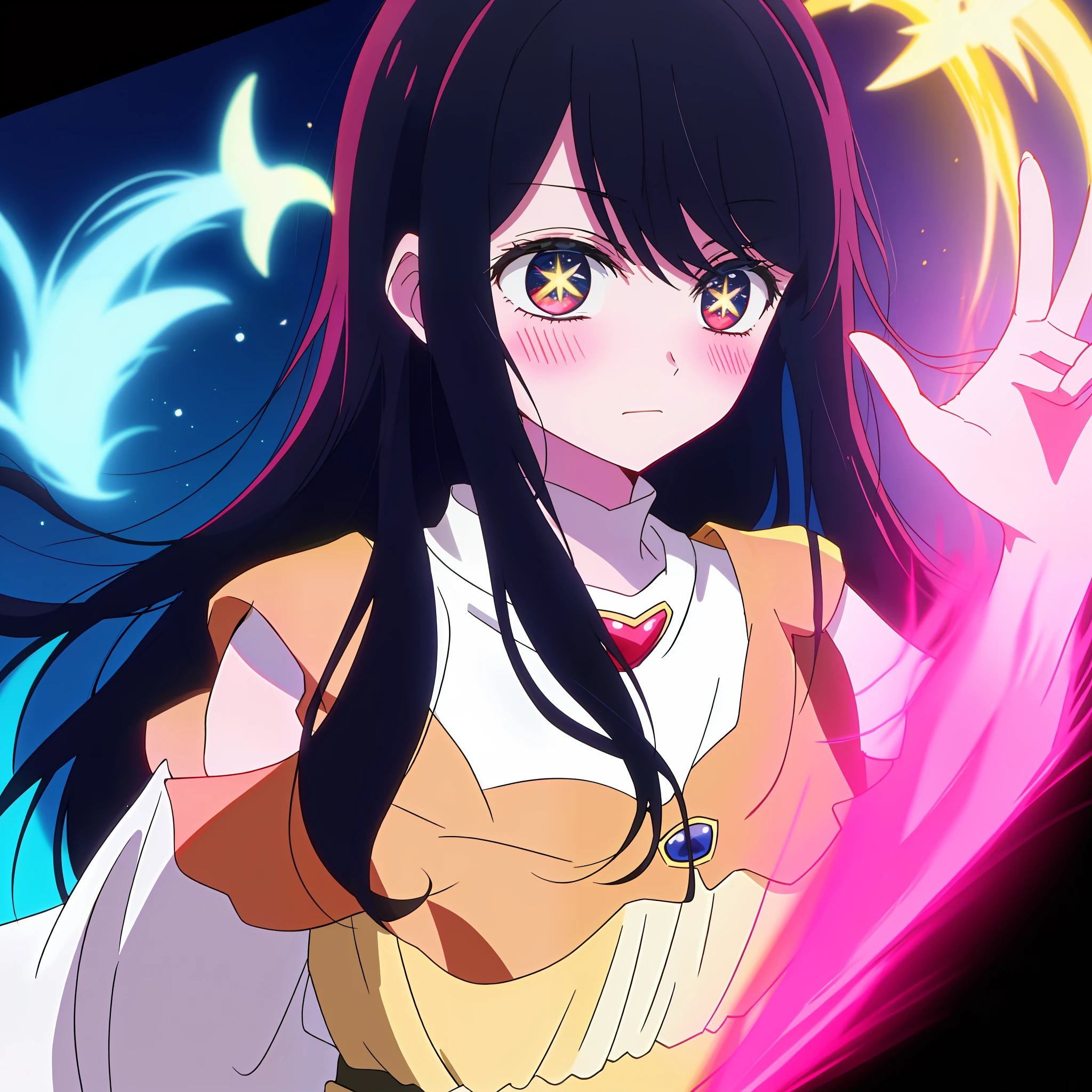 Black hair, hair over shoulders, hair adornments, Shy, Blush, Closed mouth,  Anime, Cinematic lighting, 8K, Super detail, hyper HD, 16k，looking to the camera。