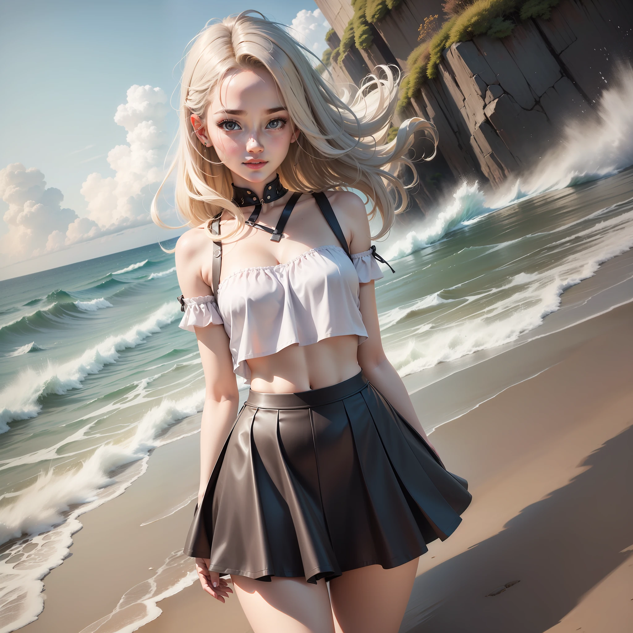 1girll,(seaside backgroud,nabel)8K,RAW photogr,品质最佳,巨作,photorealestic,photo-realistic,Tight skirt,sea beach,spray,swell sea,Skinny teenage girl,Redlip,cropped shoulders,Delicate faces,largeeyes,Small lips,Thin leg,Ultra-white skin,messy hair,Gauze skirt,ssmile,Round buttocks,gigantic hip,The short skirt is transparent,Belly button top,Short sleeves with round neck