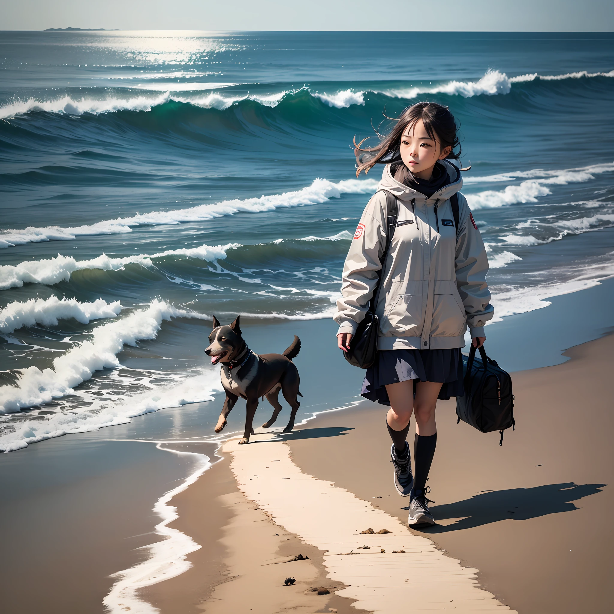 A girl walks by the sea。The background is space。Follow a dog。 --auto