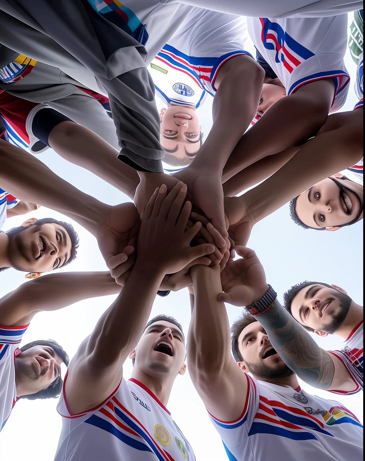 Several men are in a circle with their hands together, camaradagem, triunfante, Celebrando, Motivacional, tiro centralizado, too many hands in all directions, competition winning, in circle, Premiados, celebration, premiados, Directed by: Juan O'Gorman, Equipes, profissional, version 3, politica, foco no centro, foto ainda, Directed by: Luis Molinari