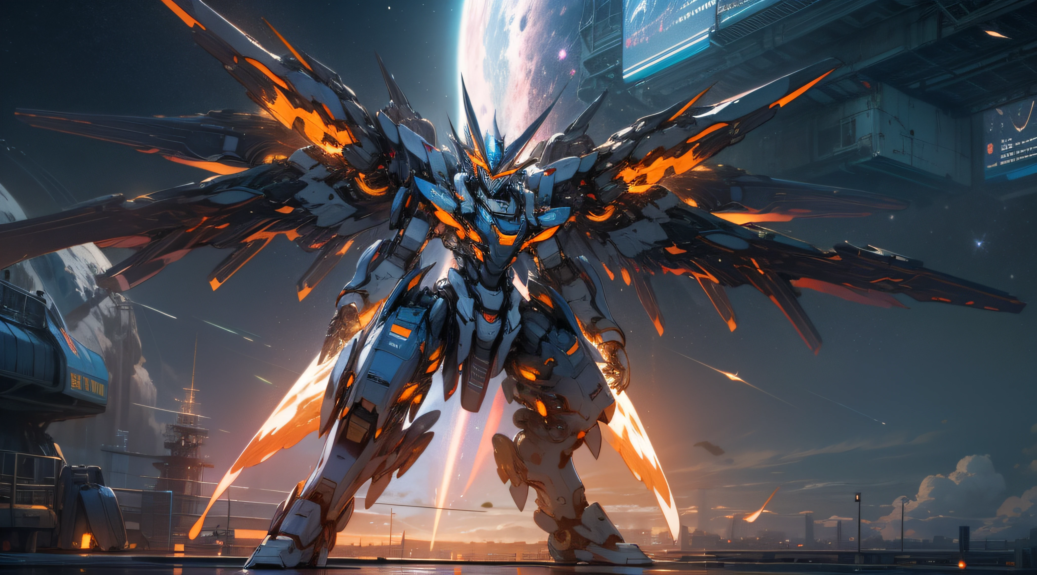 In space, huge planet, nebula, holding weapons, no humans, glowing, (female mech: 1.2), female robot, giant mechanical wings, mech wings, (flying in space: 1.3), comet fragments , glowing eyes, red mecha, science fiction, space, reality, mecha, galaxy background, neon lights, cyberpunk, HD wallpaper, CG art, dynamic lights, dynamic shadows, volumetric clouds, ray tracing