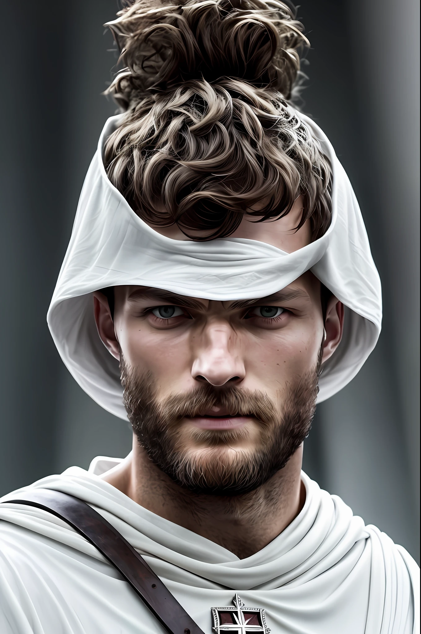 Create a Templar, Knightfall series, wearing white tunic with red cross, dark beard, similar to actor Jamie Dornan, super detail-oriented, realistic, Jamie Dornan, Templar, blue eyes, cinematic style, Knightfall, 8k resolution, best quality, close up.