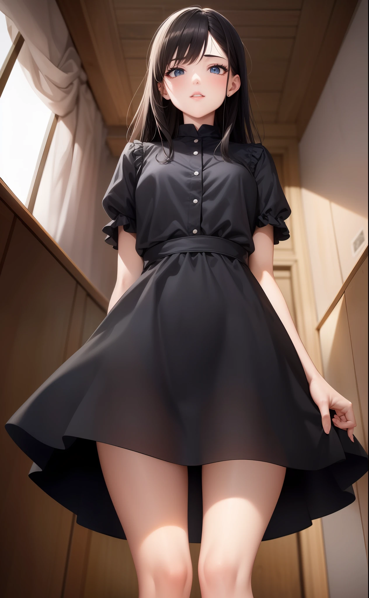 shift dresses,Uma personagem feminina ,pair,Stand at home,8K quality,The face is real,Bad laughs,Long black hair that reaches the waist,black hair, super, Surrealism, cowboy shot, from below, panorama, Verism, anime style, ray tracing, cinematic lighting, Canon, 8k, masterpiece, anatomically correct, maste, correct, , textured skin, correct