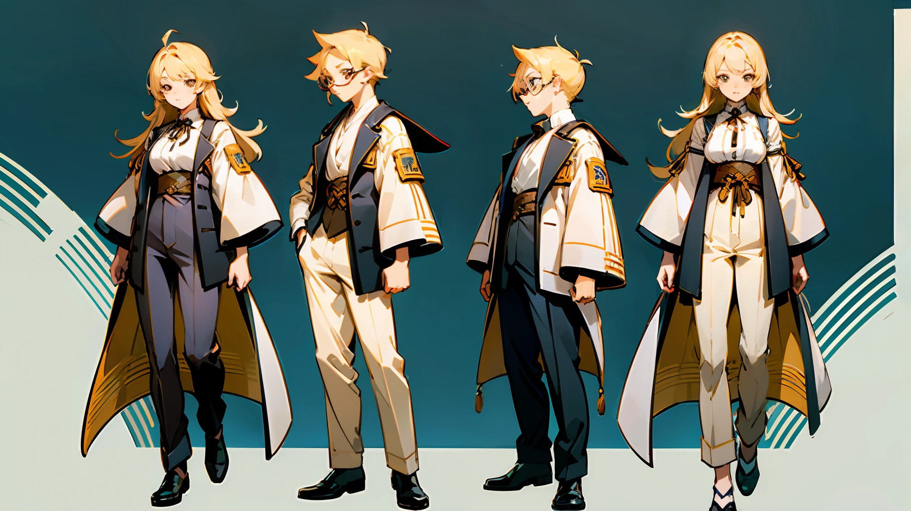 Brownish-yellow hair，Black eyes，White color blouse，Suit pants，Boy student，farms，wears glasses，Black English leather shoes，fanart，detail-rich, Highly detailed character design, beautiful full-body concept art, Great character design, detailed anime character art, character design art, high quality character design, Detailed character design, [ Character design ]，[Multi-angle characters:head，trappings，shoe，clothes details] ，Japanese painted manga style