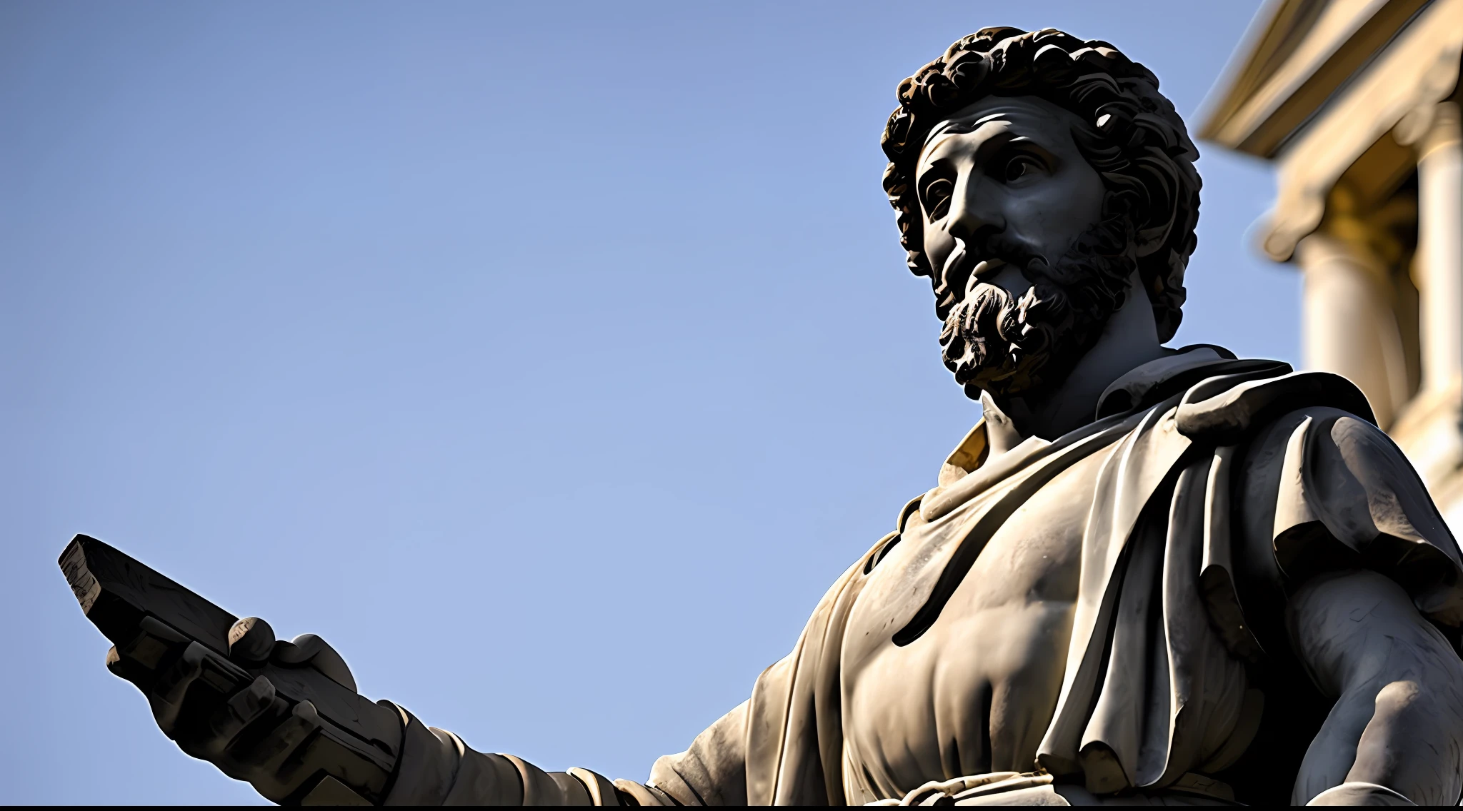 construa maquete, professional marble sculpture of the Roman philosopher and emperor Marcus Aurelius, primorosamente decorado, Medium plan, (fundo preto: 1.3), extramente detalhado, Epic light and shadow, cinematografia, muito contraste e detalhes, identico