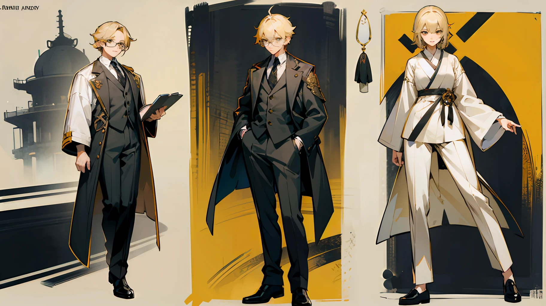Brownish-yellow hair，Black eyes，White color blouse，Suit pants，Boy student，farms，wears glasses，Black English leather shoes，fanart，detail-rich, Highly detailed character design, beautiful full-body concept art, Great character design, detailed anime character art, character design art, high quality character design, Detailed character design, [ Character design ]，[Multi-angle characters:head，trappings，shoe，clothes details] ，Japanese painted manga style