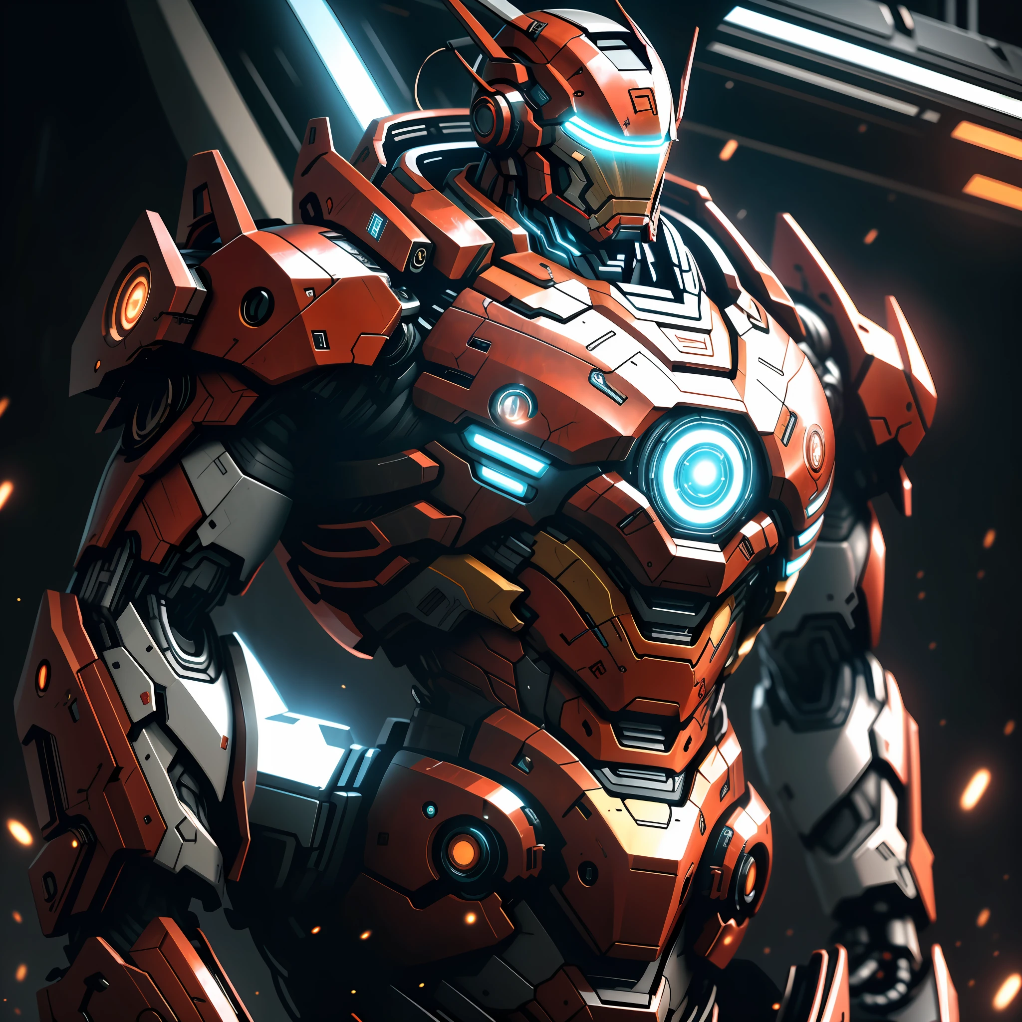 "Realistic, sleek, and cybernetic, the Ironman with a galactic mask shines brightly in its bioluminescent glow. It combines the futuristic elements of a mecha and the elegance of a samurai (with a weight of 1.2). The glowing red runes adorn its body, creating a cinematic effect against a dark background illuminated by back lighting. The high contrast adds depth and intensity to the composition."