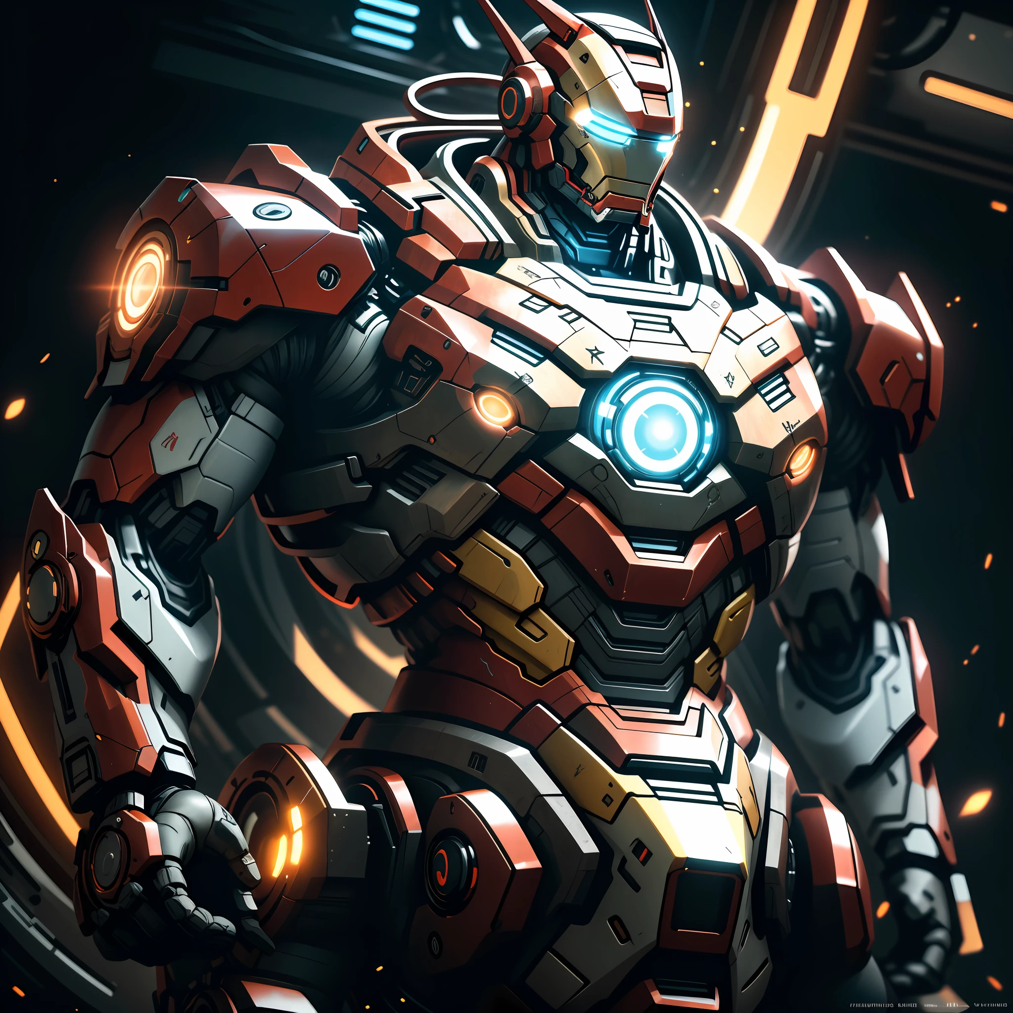 "Realistic, sleek, and cybernetic, the Ironman with a galactic mask shines brightly in its bioluminescent glow. It combines the futuristic elements of a mecha and the elegance of a samurai (with a weight of 1.2). The glowing red runes adorn its body, creating a cinematic effect against a dark background illuminated by back lighting. The high contrast adds depth and intensity to the composition."