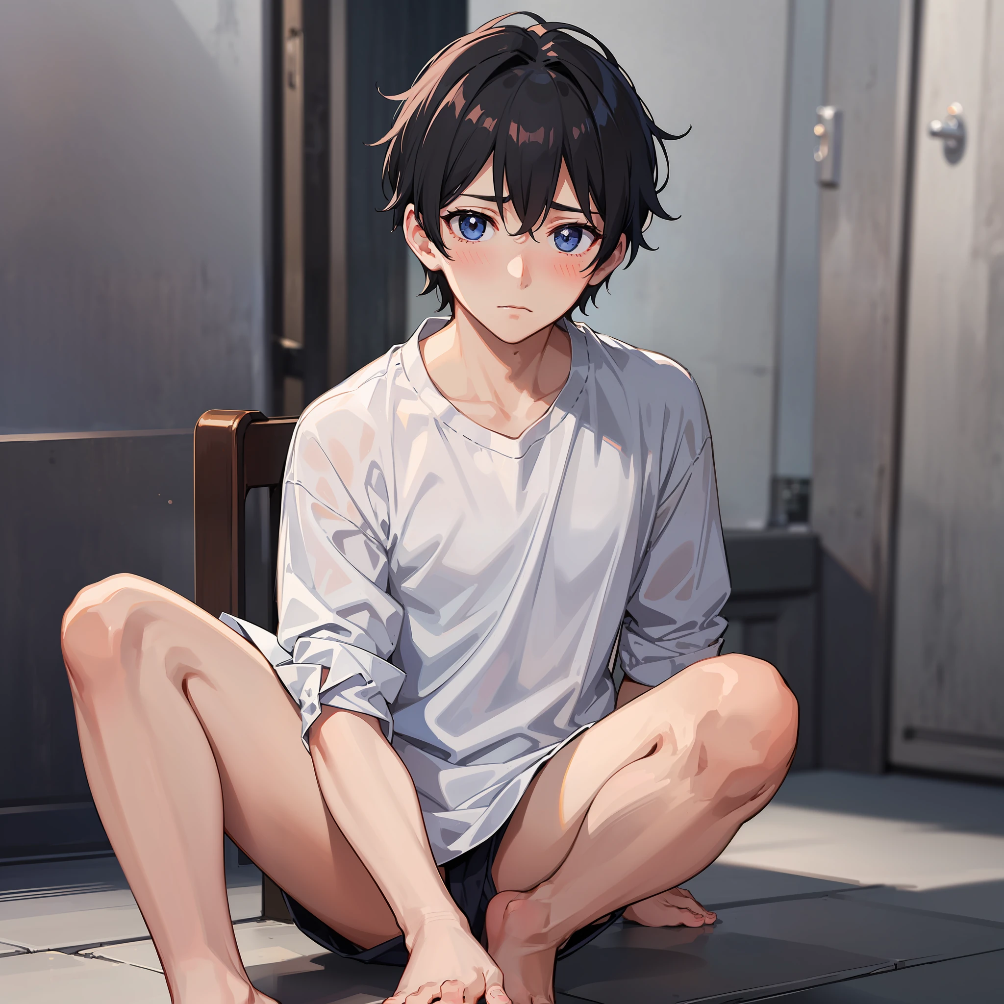 ((A boy))，adorable captivating，in a white shirt，He looked sad，Barefoot，sat on the ground。The blush gradually rises，Shy, But handsome。The picture style is fresh and simple，Rendered like a comic，The lens is shown as a vista，(Anime style+Soft cute)，anatomically correct，accurate