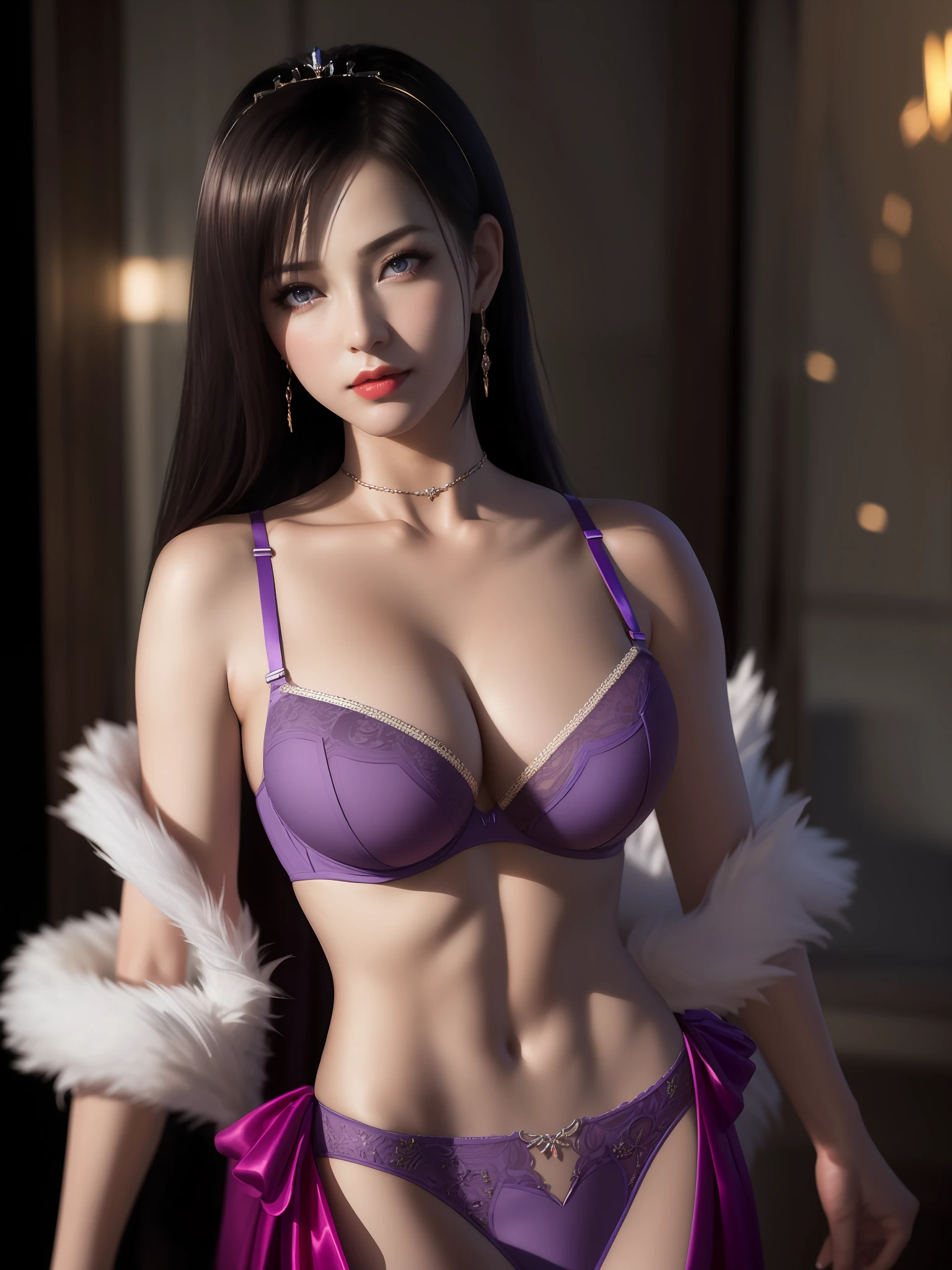 a close up of a woman in a red dress with long hair, beautiful alluring anime woman, a beautiful fantasy empress, inspired by Du Qiong, seductive tifa lockhart portrait, ((a beautiful fantasy empress)), seductive anime girl, beautiful anime woman, glamorous tifa lockheart, beautiful avatar pictures, mai shiranui, lady in pink armor, tifa, (lingerie:1.2), photo realistic, upon_body, tyndall effect, photorealistic, dark studio, rim lighting, two tone lighting, (high detailed skin:1.2), 8k uhd, dslr, soft lighting, high quality, volumetric lighting, candid, Photograph, high resolution, 4k, 8k, Bokeh, breast out,, (purple eyes color), (transparent armor:1.0), big breast,