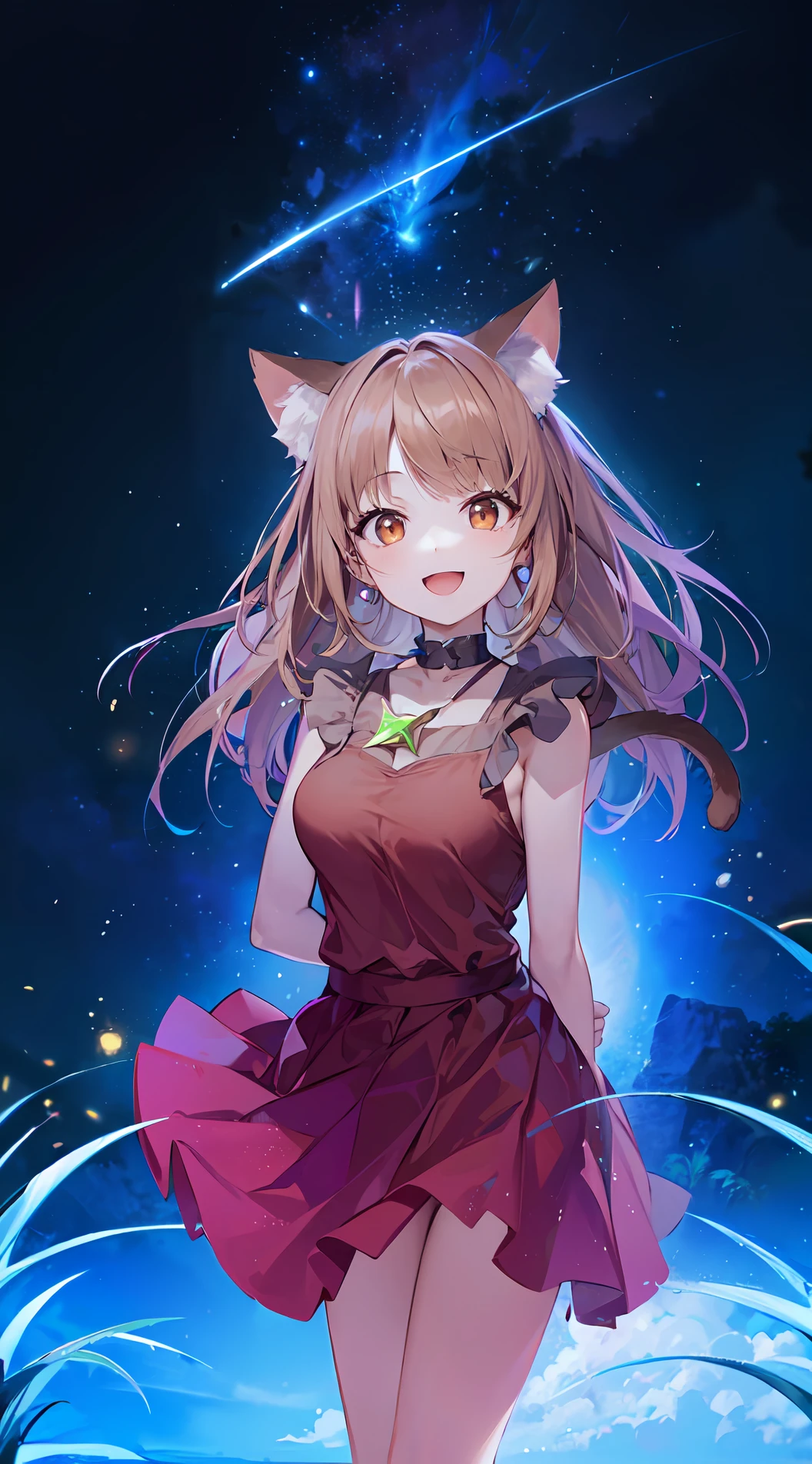 1girl ,brown hair ,brown eyes ,cat ears ,cat tail ,red skirt ,big breasts ,happy ,stars background ,meteor ,grass
