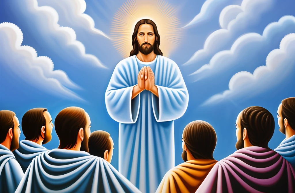 Jesus Christ with his disciples with his hands clasped in prayer, A blue sky with clouds, a bright light radiating from the sky, Use suave, cores suaves para transmitir uma paz, Spiritual Atmosphere Oil Painting