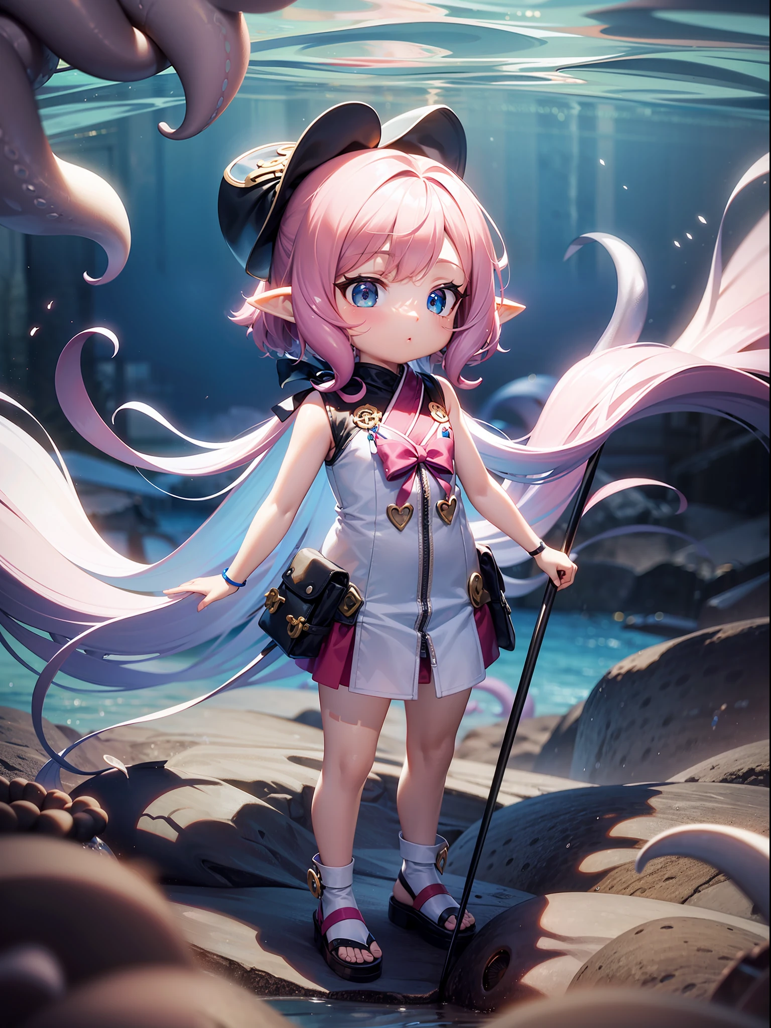 PopMart blind box IP,A cute,White robe doll close-up,Young angel style,Wear long, fluent clothes,phlegm,Poseran dolls,small person;Unreal Engine5,Streamline 3D/C4D production:8K HD quality/illuminating/Ultra-detailed lens depiction1.5,flawless perfection,Chibi background/SENSE OF CINEMA。Octopus tentacles on the back,Octopus tentacles,Octopus tentacles stick out from the surface of the sea,Stand on a reef on the surface of the sea