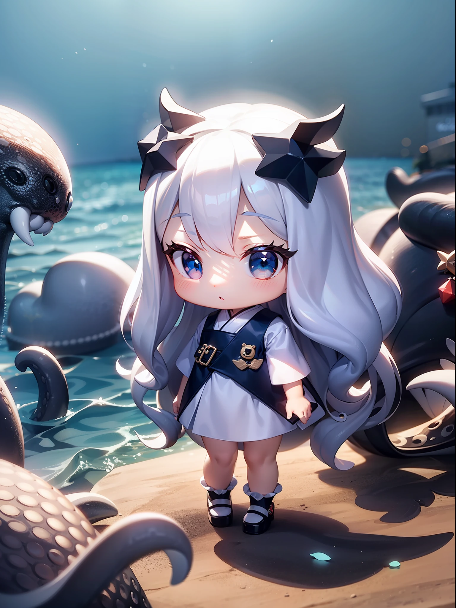 PopMart blind box IP,A cute,White robe doll close-up,Young angel style,Wear long, fluent clothes,phlegm,Poseran dolls,small person;Unreal Engine5,Streamline 3D/C4D production:8K HD quality/illuminating/Ultra-detailed lens depiction1.5,flawless perfection,Chibi background/SENSE OF CINEMA。Octopus tentacles on the back,Octopus tentacles,Octopus tentacles stick out from the surface of the sea,Stand on a reef on the surface of the sea