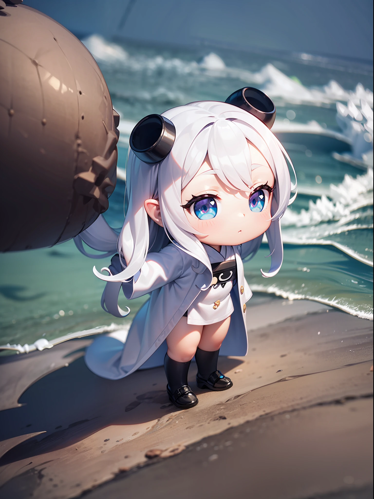 PopMart blind box IP,A cute,White robe doll close-up,Young angel style,Wear long, fluent clothes,phlegm,Poseran dolls,small person;Unreal Engine5,Streamline 3D/C4D production:8K HD quality/illuminating/Ultra-detailed lens depiction1.5,flawless perfection,Chibi background/SENSE OF CINEMA。Octopus tentacles on the back,Octopus tentacles,Octopus tentacles stick out from the surface of the sea,Stand on a reef on the surface of the sea