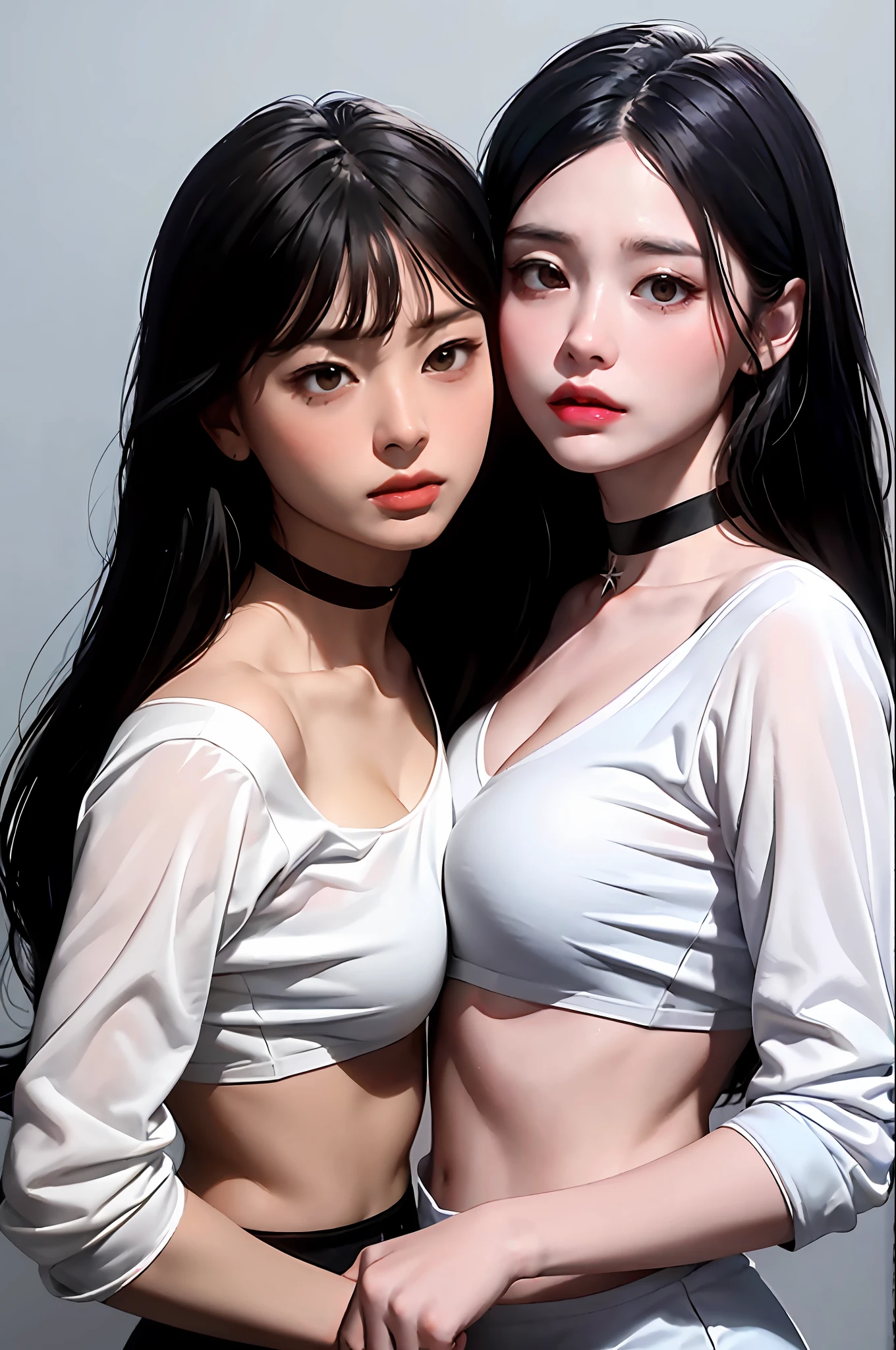 tmasterpiece，best qualtiy，（Dark photograph：1.3），realisticlying，1girl，flat bangs，stunning innocent symmetry face，The shirt，Emotional，ulzzang，（PureErosFace_V1：0.7），Leaky big breasts，long leges，He wears a choker around his neck