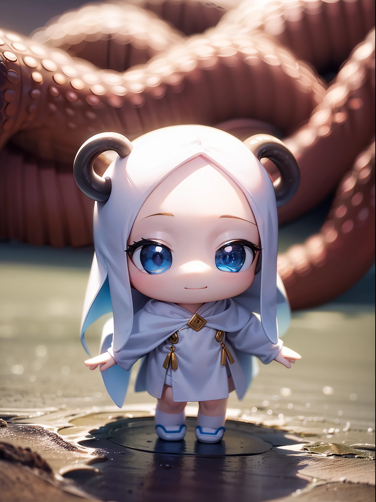 PopMart blind box IP,A cute,White robe doll close-up,Young angel style,Wear long, fluent clothes,phlegm,Poseran dolls,small person;Unreal Engine5,Streamline 3D/C4D production:8K HD quality/illuminating/Ultra-detailed lens depiction1.5,flawless perfection,Chibi background/SENSE OF CINEMA。Octopus tentacles on the back,Octopus tentacles,Octopus tentacles stick out from the surface of the sea,Stand on a reef on the surface of the sea