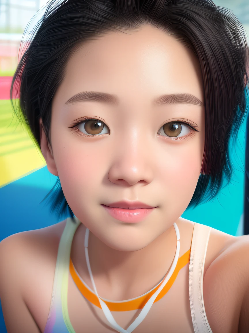 （Pixar 1.23 Style） 1 rapariga （（Upper body front，Bust lens））， 独奏， cute kid， brunette color hair， Beautiful sportswear， Kizi， Korean kids， playground， （tmasterpiece， HighestQuali））， （Synthetic lighting），realisticlying，（tmasterpiece，top Quority，best qualtiy，offcial art），The is very detailed，Colorful，Most detailed，Kamimei，short detailed hair，Black color hair，(magia)，Glamorous woman，White skin，Blushlush