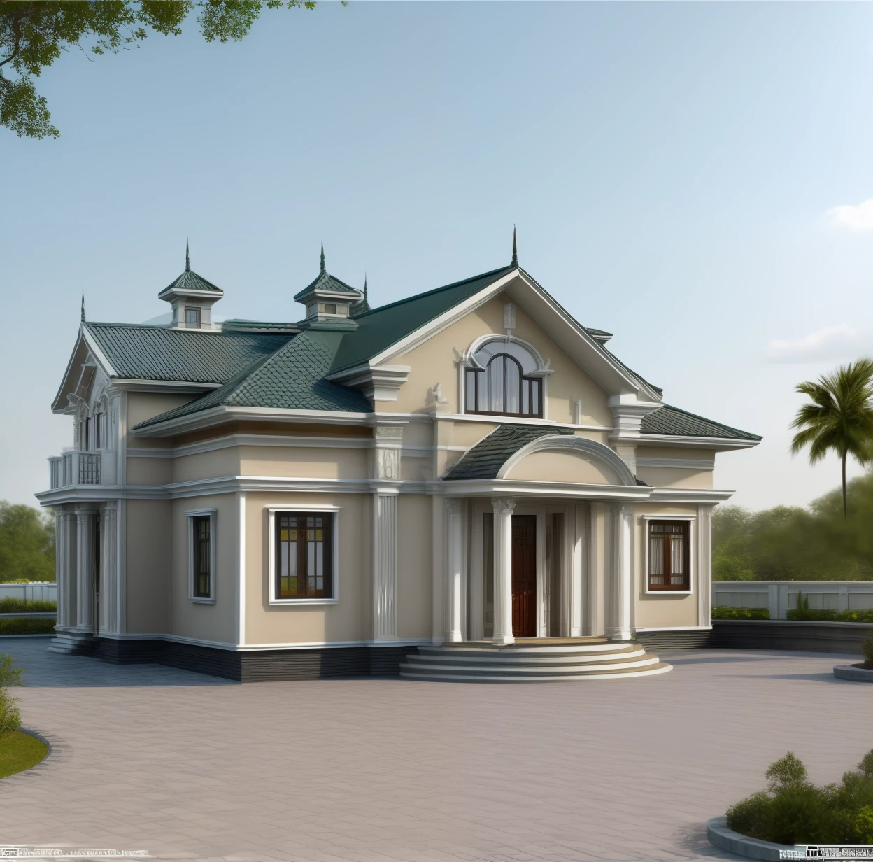 ((masterpiece,best quality,highres,sharp forcus)) (((detail forcus))) , house , daylight ,Clear lines, (( neoclassical style)) , beautiful landscape, non-deformed ,(( super realistic))