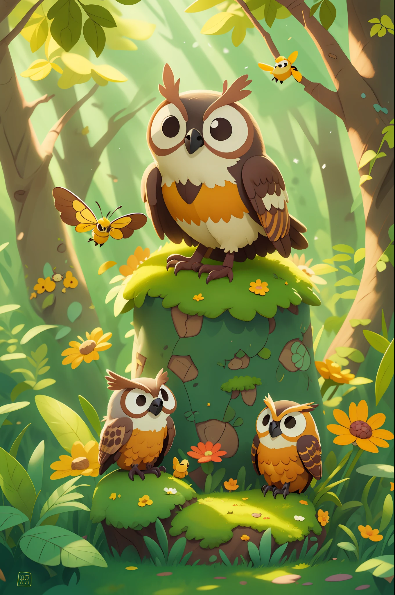 Create a charming illustration of the Bold Bee in a magical setting, com a coruja como companheira. The bee is portrayed as a brave little explorer, com cores vibrantes nas asas e um olhar determinado no rosto. A Coruja, Por sua vez, is portrayed with wisdom and serenity, com suas grandes asas estendidas. Cerque-os de um ambiente encantado, with lush trees and colorful flowers, in soft, atmospheric tones characteristic of Studio Ghibli's style. Let the soft sunlight filter through the leaves of the trees, iluminando a cena. Use Studio Ghibli's detailed, thoughtful style to bring to life the textures and nuances of bee wings and owl feathers. Pay special attention to subtle details, como o brilho nos olhos e os movimentos delicados de suas asas. Let the image convey the bravery and beauty of the unlikely encounter between the Bold Bee and the Owl, capturing the magical essence of Studio Ghibli's animated worlds."