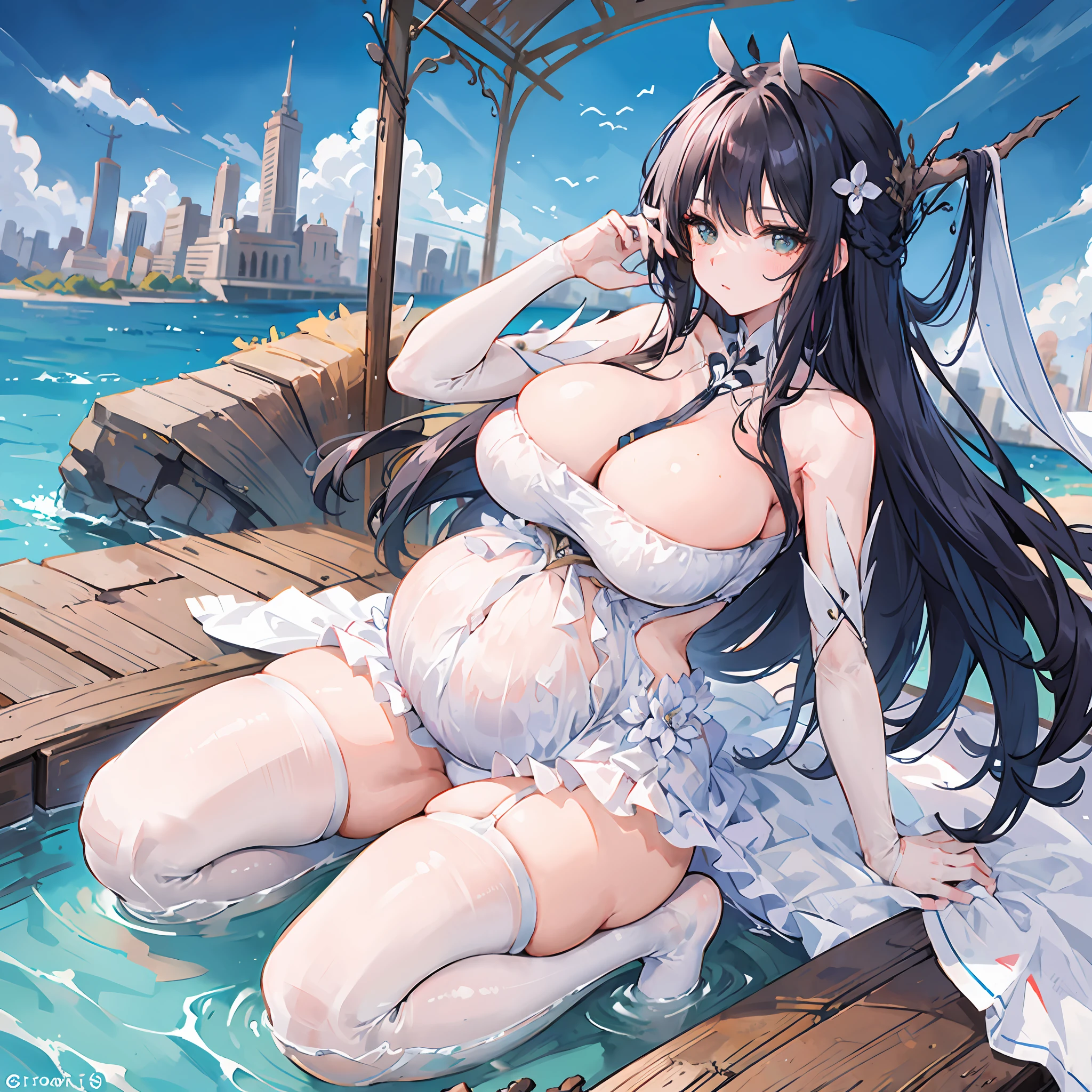 tmasterpiece, Best quality, (Detailed eyes and skin), ((Realistic)), , 1girll, Purple hair dress_Hair, golden colored_clothes, black_clothes, Blue_Eyes, Blue_sky, bblurry, bblurry_Background, bblurry_foreground, (modern_City:1.5), mediating_Breasts, Exercise_bblurry,photore_\（curly\），long whitr hair，Skysky，独奏，Full body body，Pregnant belly，Beth，Showing the belly，youthfulenergy，18-year-old girl，adolable，Two-dimensional painting style，Pregnant women with，Best quality, 8K, High quality,, hair adornments, hair-bun, Long hair, bangs, bow,  maid headdress, upper legs, Stockings, white thighhighs, cleavage cutout, Face focus, Close-up of a corpse in the distance, (Heart-shaped pupils:0.9), (Blush:0.65), (1girll, Solo:1.4), Cityscape, Blue sky, Bright sky, Sunny, holding flower, Large breasts, Detailed background, Detailed clouds,Pregnant belly，Two-dimensional painting style，(Masterpiece), Best quality, Fine details, Highest picture quality, Masterpiece,exquisite CG,1girll,Closed mouth,Brown eyes,Long hair,bangs,Bare shoulders, cleavage,(Big breasts:1.4),Bare arms,navel,Lace,a garter belt,Thighs,,White pantyhose,water,hyper pregnant,Girl,SushangV4,Yae,SideBraid,Black bandeau，black lence stockings