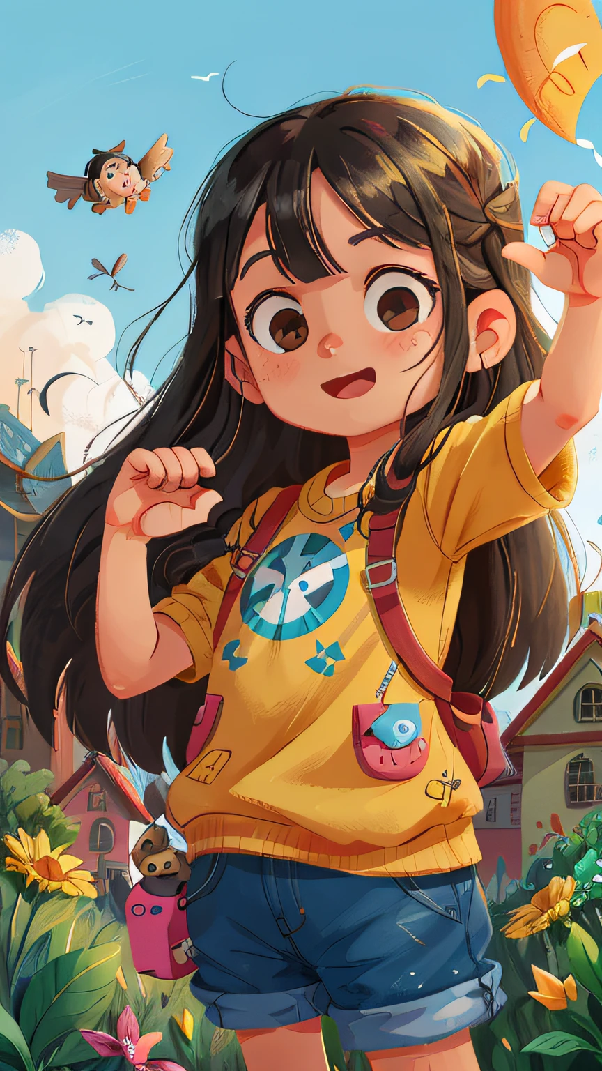 A girl with long black hair holding a plane in her hand, floating into the sky, grama, Dancing, holding a plane, feliz, feliz, qualidade perfeita, foco claro (mess - house: 0.8), (obra-prima: 1.2) (Realista: 1.2) (Bokeh) (Melhor qualidade) (Pele detalhada: 1.3) (Detalhes intrincados) (8K) (Olhos de detalhe) (foco nítido), (Feliz)