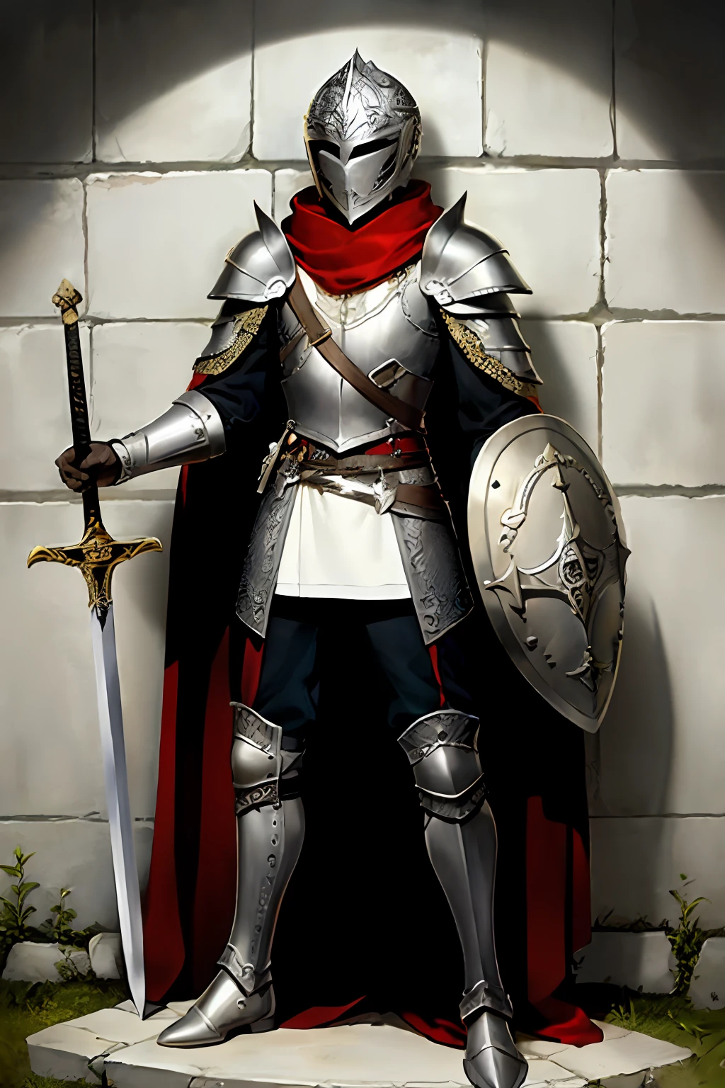 tmasterpiece,highest quality,full body armors,adventurer,male people,solo person,Gothic helmet,holdingsword,Holding a shield,dyna,Standing painting,sportrait,Background of stone site of ancient ruins,Wall background
