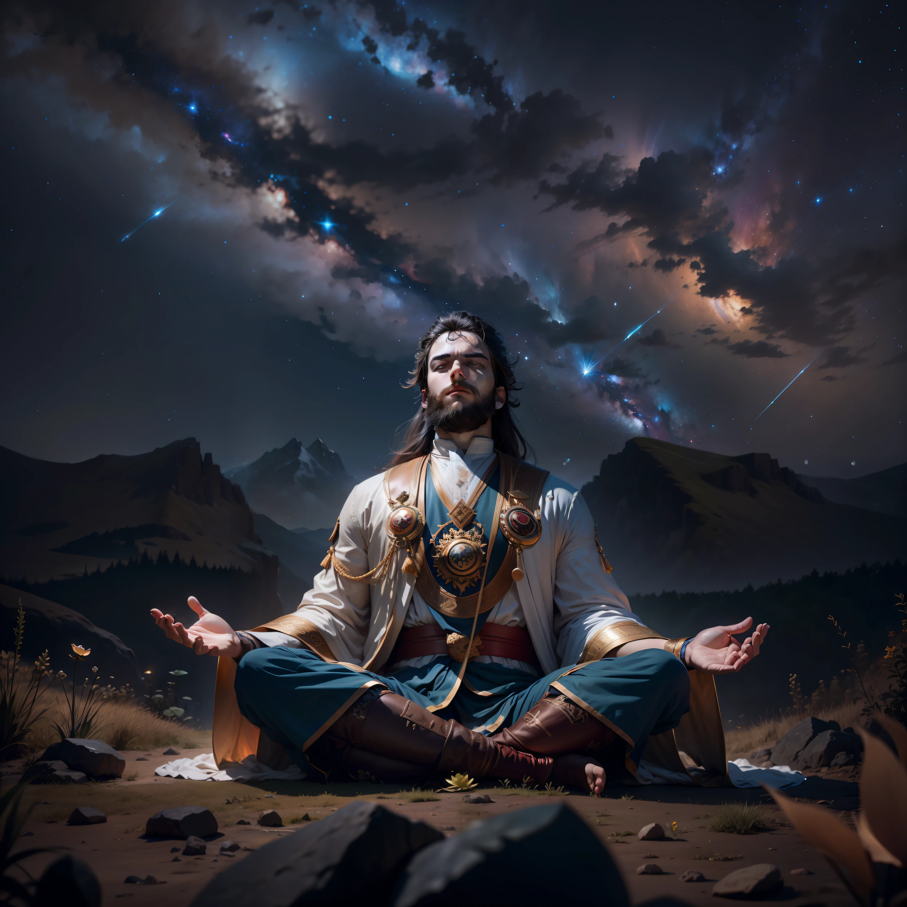 frontal view, natural light, Joshua meditating in the wilderness, brown beard, lotus position, night, focus on historical clothing, starry sky, (milky way), 4k, HDR