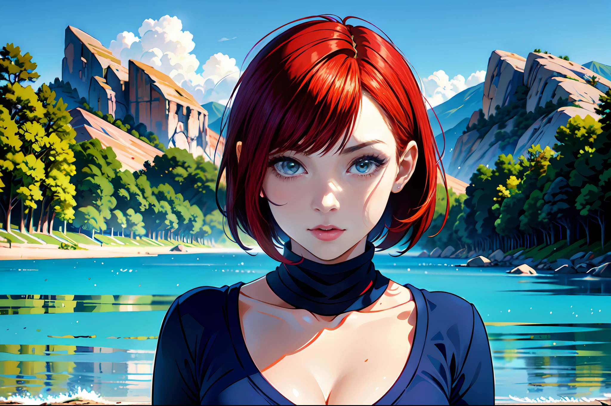 there is a young woman with a short hair and a blue shirt, a redheaded young woman, perfectly centered portrait, 7 0 mm portrait, red haired young woman, 4 k asymmetrical portrait, head centered portrait, landscape