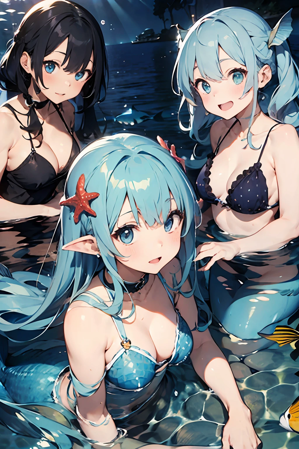 lightblue hair、Longhaire、undine、mermaids、sings、stave、Under the sea、6 Mermaids
