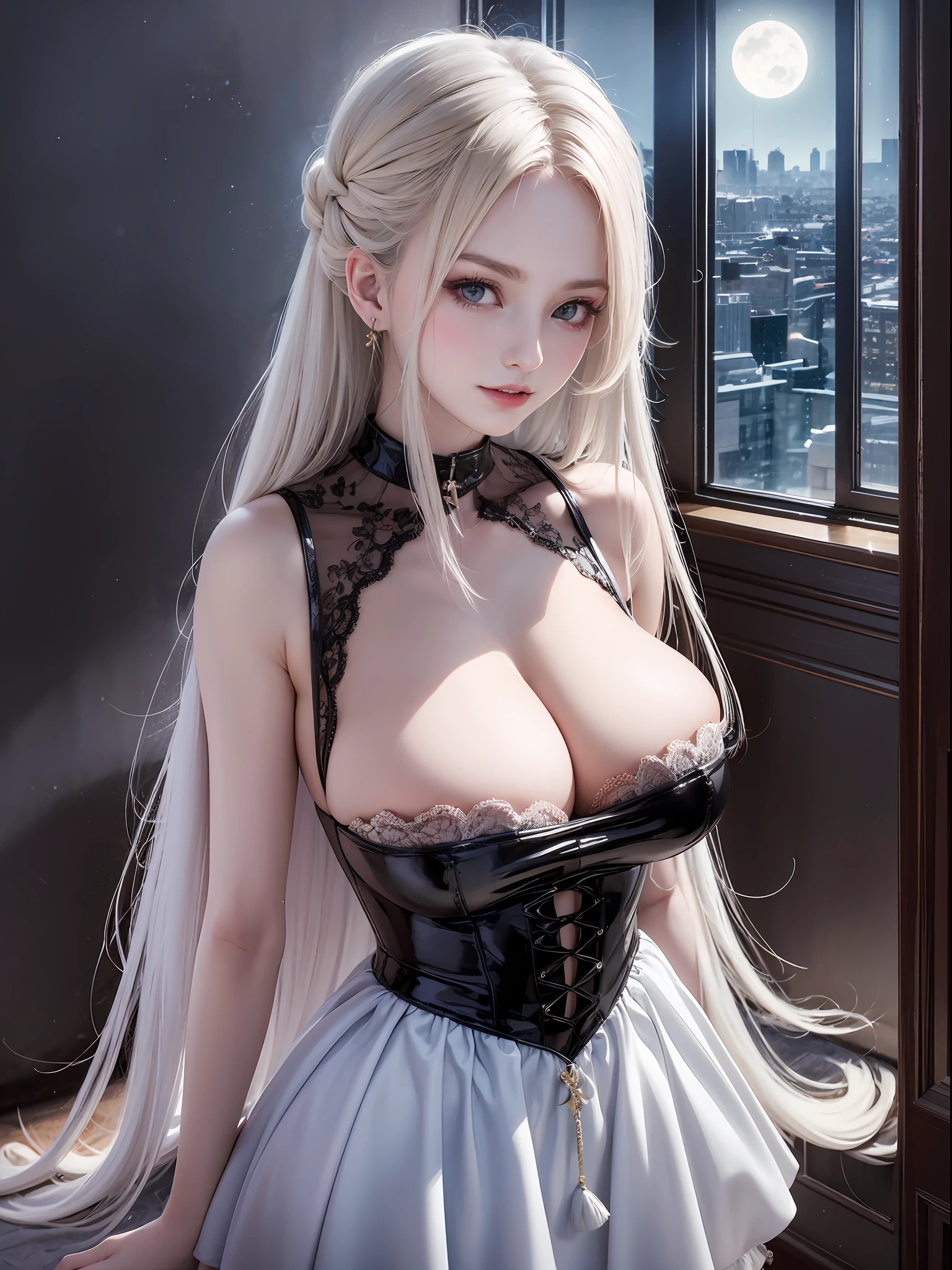 （（best qualtiy））， （（tmasterpiece））， （the detail） 1girll， 比基尼， （huge boob， huge boob）， nabel， Sagging breasts， Maximalism， simple backgound， Sheer white dress， （tmasterpiece）， （the night， rays of moonlight：1.2），（Steampunk city：1.3）， beautful view， shiny， Brass and iron， cold shades， view over city， （[Bastian Lucouf Dehalme |Casper David Friedrich ]：1.2）， （photorealisti： 1.2）， （mistic）， Cute 20 year old woman， Extra-long hair， french braid， Black and white shirt， white dresses， Black and white inside， RAW photogr， white theme