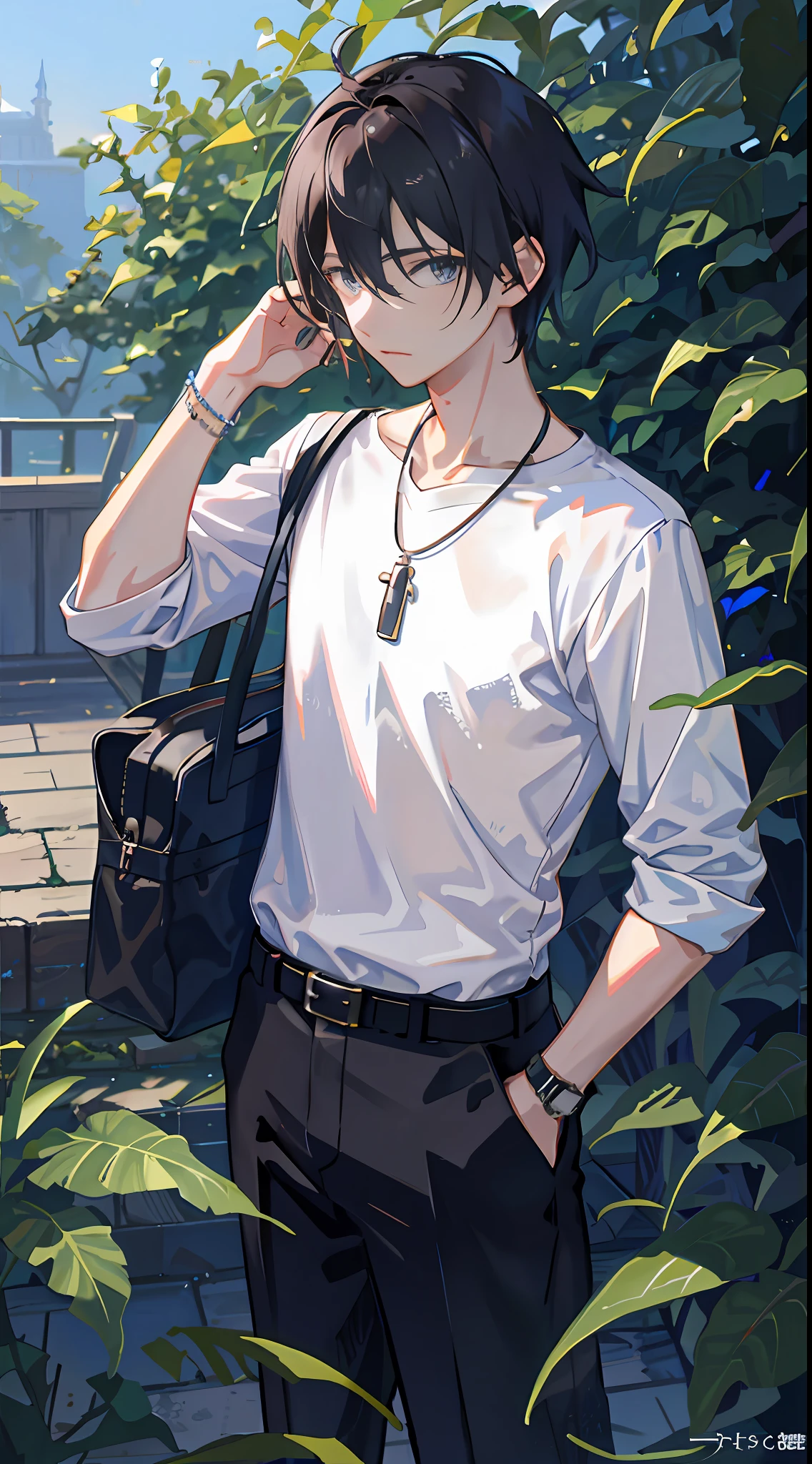 1boy, apple, bag, bangs, berry, black hair, black shirt, blue eyes, hair between eyes, jewelry, leaf, looking at viewer, male focus, necklace, pants, shirt, solo, watch, white pants, wristwatch, messy hair, trending on artstation, 8k resolution, highly detailed, anatomically correct, sharp image, digital painting, concept art, trending on pixiv, style of makoto shinkai,