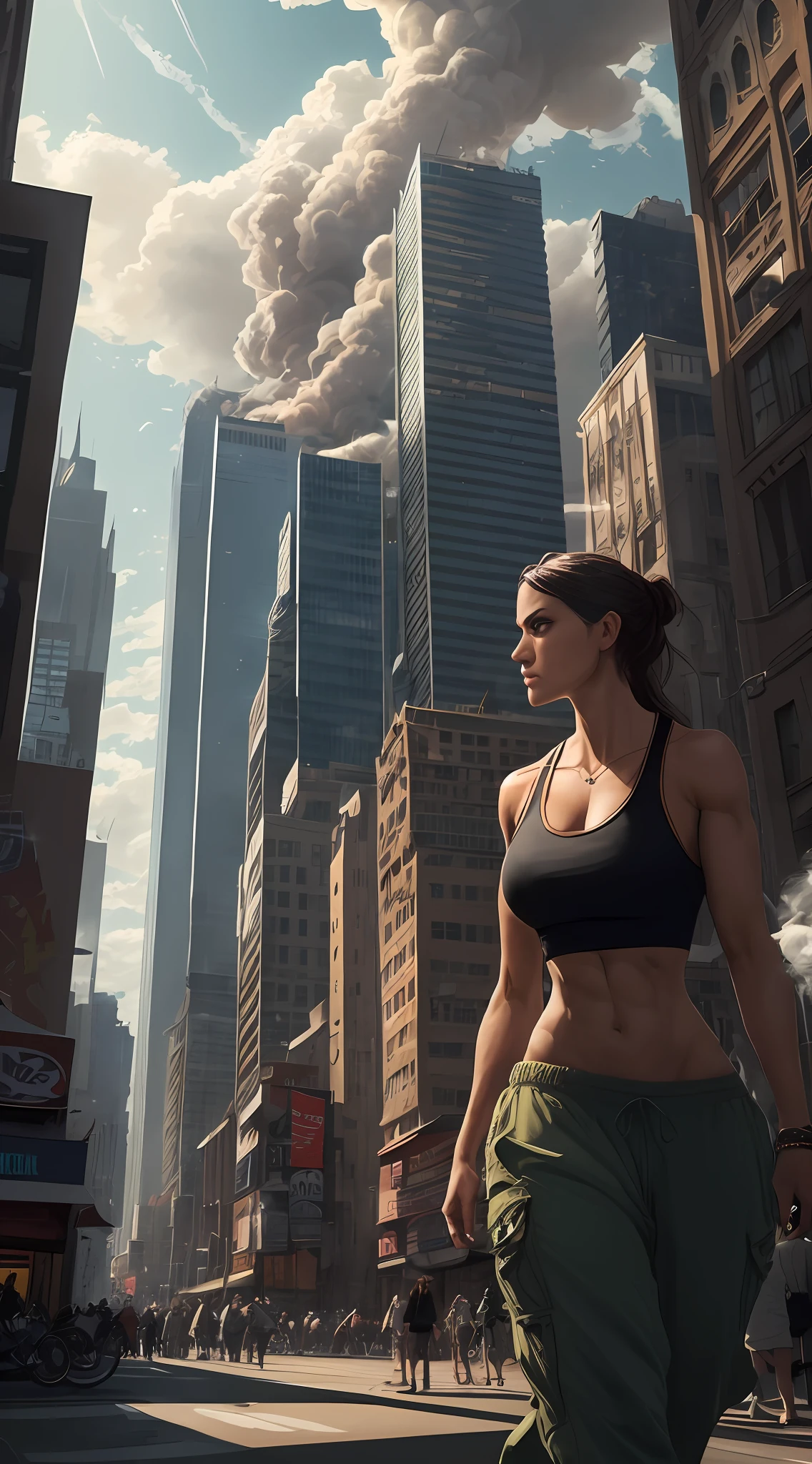 "A towering Giantess in a cool and laid-back hippie style is rocking a crop top and baggy pants. Her toned and athletic build hints at her massive strength. She seems to be casually strolling through the bustling cityscape of GTS City, as towering buildings loom overhead. Smoke and clouds roil around her, adding to the sense of epic scale and drama. The lighting is dark, gloomy, and realistic, creating a tense and ominous atmosphere. The perspective is from below, emphasizing the sheer majesty and power of the Giantess." --auto