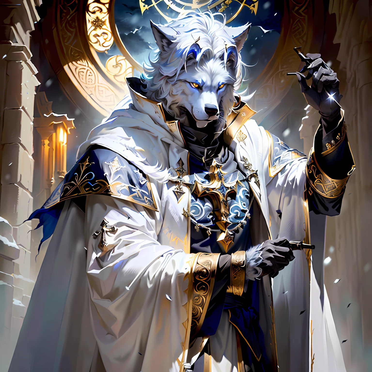 Realism Dark Night Pine Forest Snow Moon Male White Werewolf Frontal Standing,Holding a staff in his hand,It is encrusted with crystals