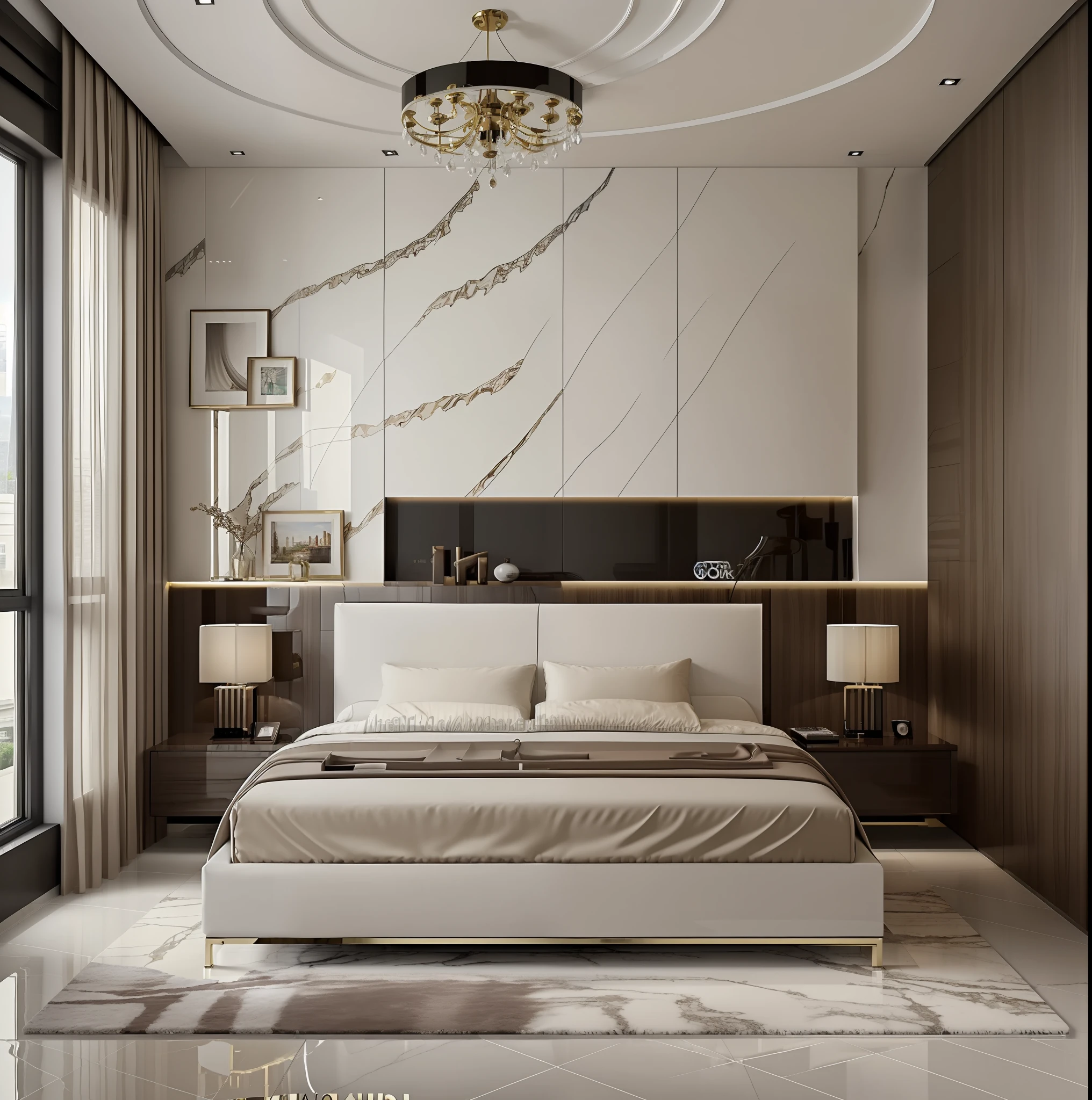 ((Best quality, 8k, Masterpiece :1.3)), bedrooom design,  glossy minimalist motif furniture, sofa , plaster ceiling , glossy mable floor , 1 poster in front of, wall panel