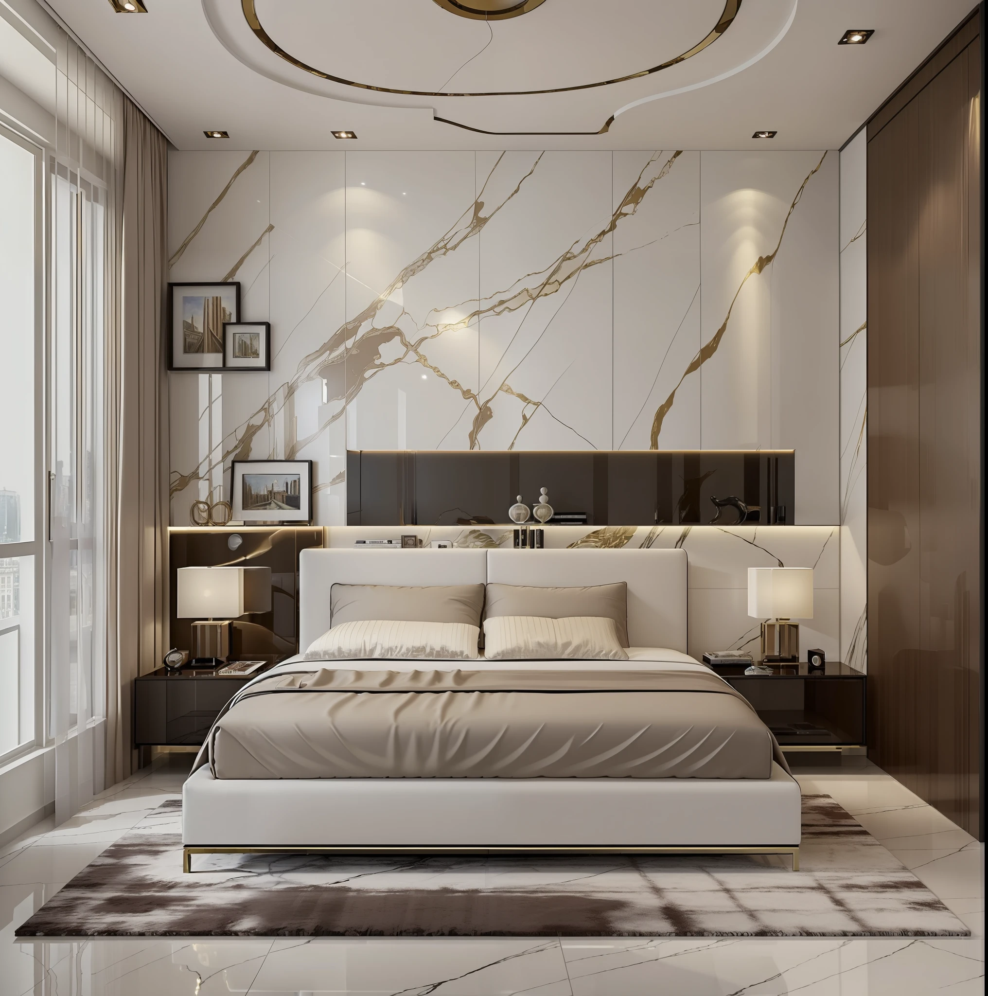 ((Best quality, 8k, Masterpiece :1.3)), bedrooom design,  glossy minimalist motif furniture, sofa , plaster ceiling , glossy mable floor , 1 poster in front of, wall panel