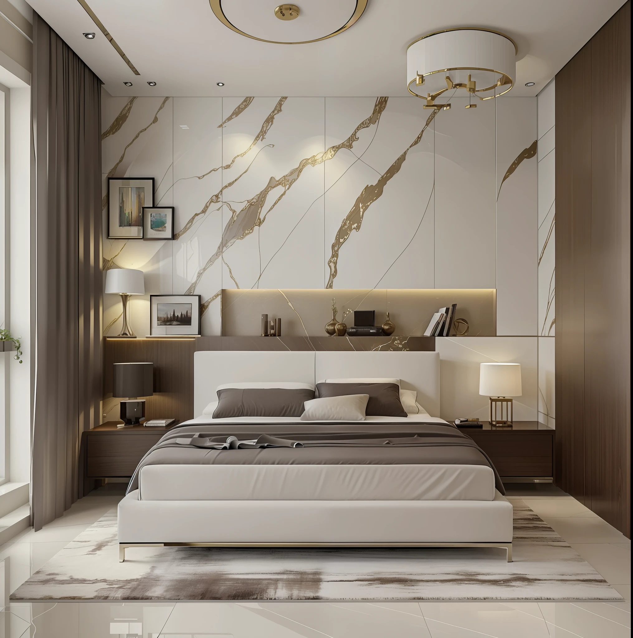 ((Best quality, 8k, Masterpiece :1.3)), bedrooom design, glossy minimalist motif furniture, sofa , plaster ceiling , glossy mable floor , 1 poster in front of, wall panel