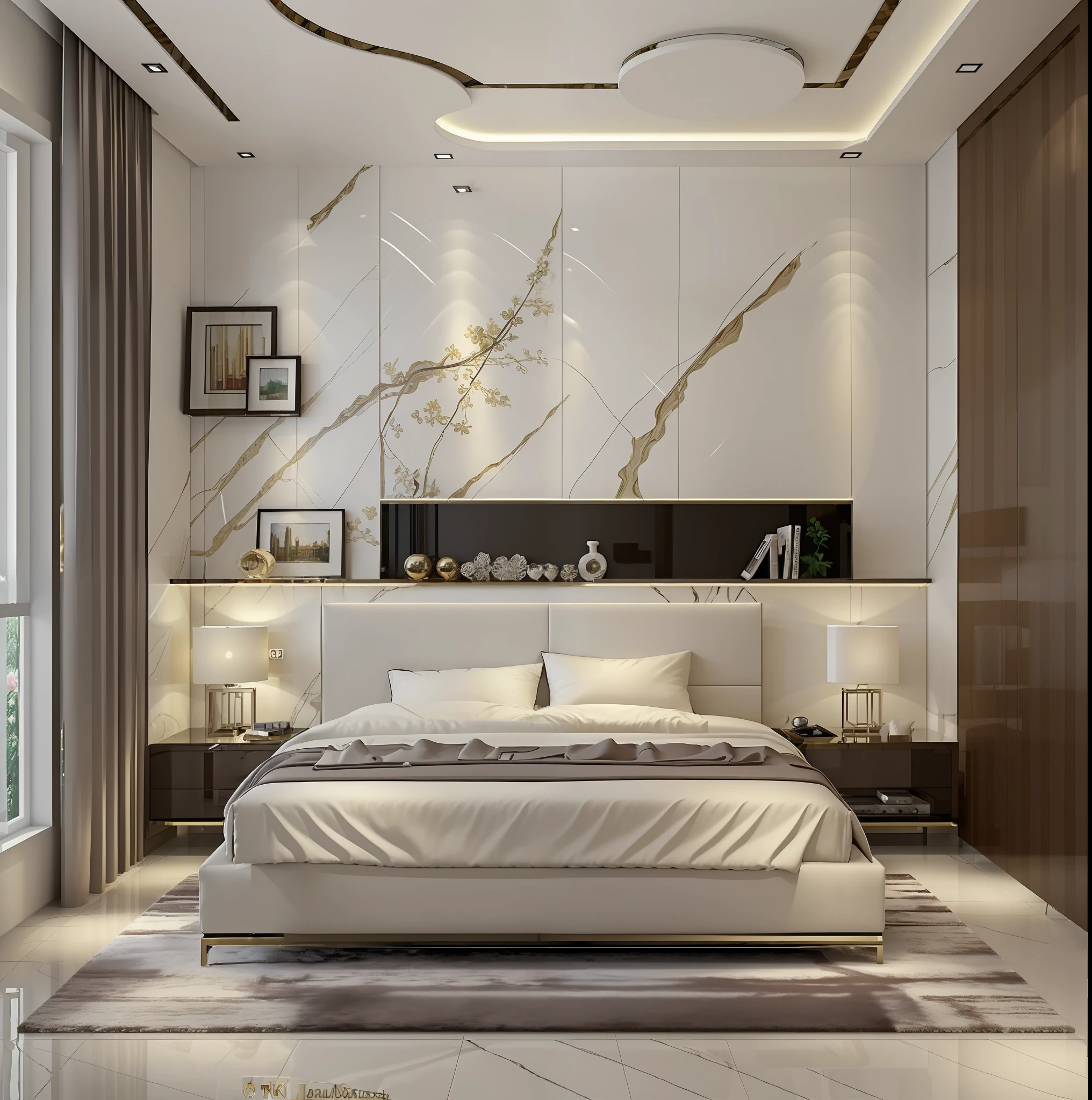 ((Best quality, 8k, Masterpiece :1.3)), bedrooom design,  glossy minimalist motif furniture, sofa , plaster ceiling , glossy mable floor , 1 poster in front of, wall panel