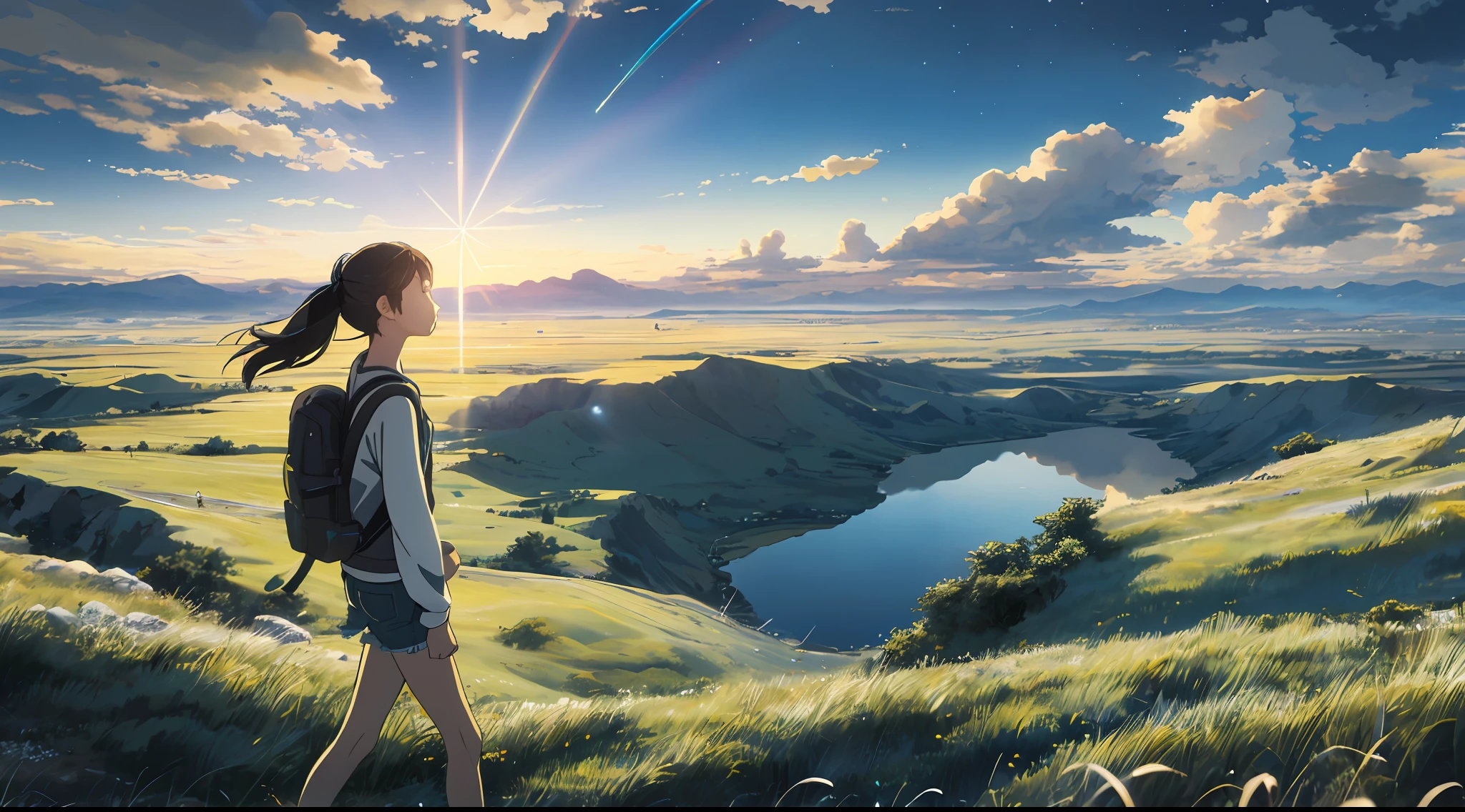 The vast sky, beautiful skyline, large grasslands, extremely tense and dramatic pictures, moving visual effects, high hanging Polaris, colorful natural glare. A girl in a long-sleeved top and denim shorts with a side backpack