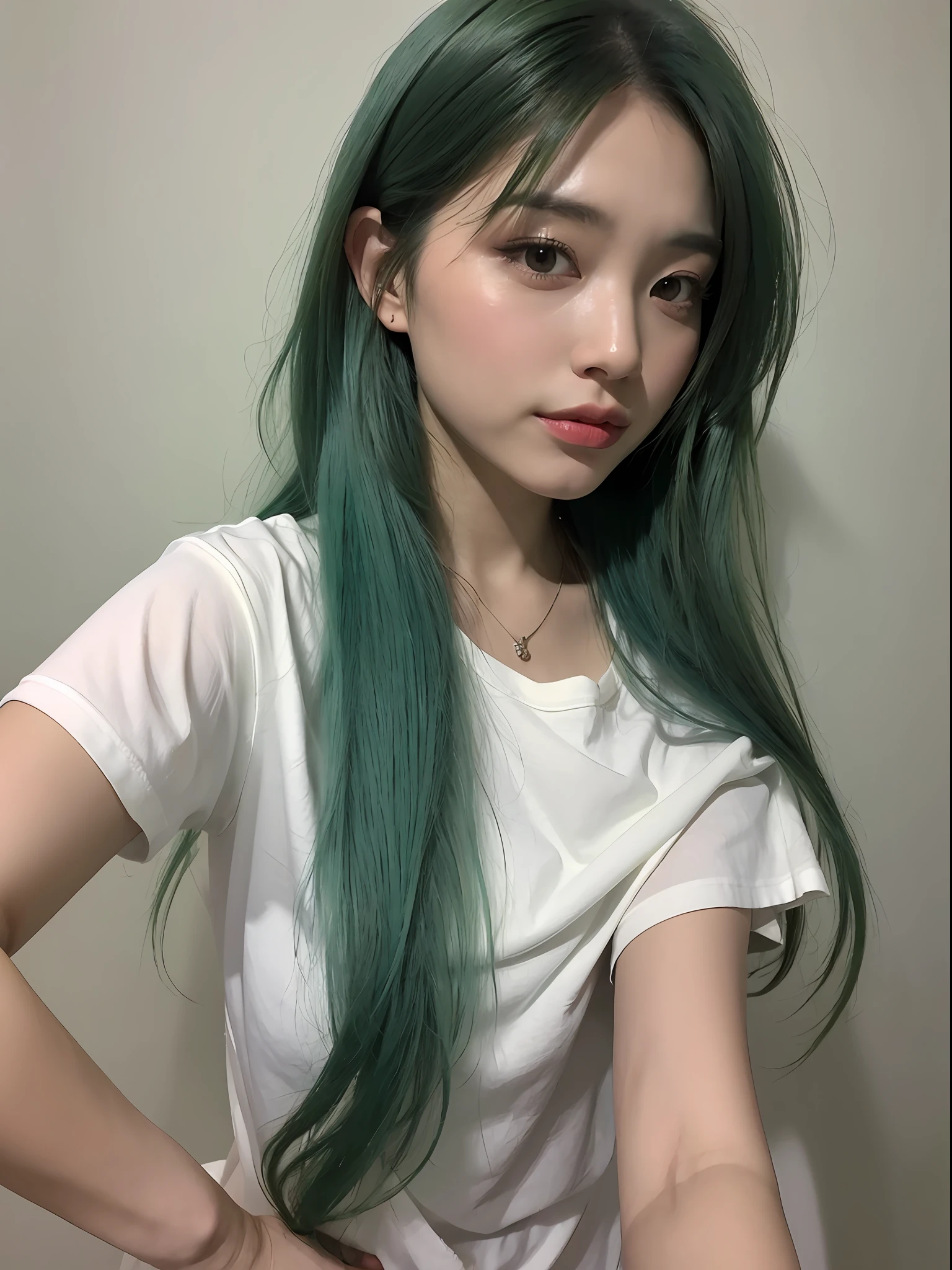 ((, Need, 8K, tmasterpiece:1.3)), 1female,Upper body body,self-shot,eventide,Focalors:1.2, perfect figure beautiful woman:1.4,( natta:1.1), ((Green hair )), (White T-shirt 1.2), ((Home:1.3)), Highly detailed facial and skin texture, A detailed eye, 二重まぶた