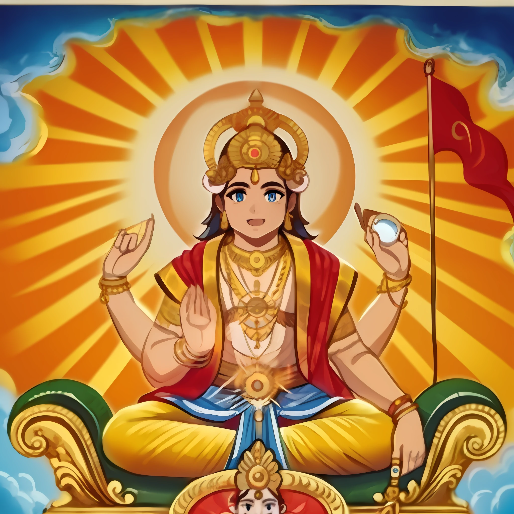 Surya, the Hindu god of the sun, 4 arms, black hair, blue eyes, male, short hair, hair buns, muscular