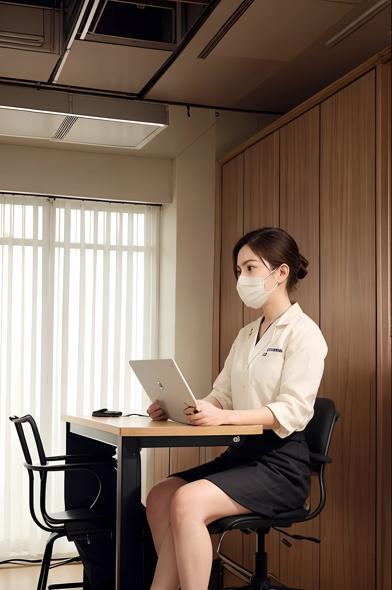 (RAW photos,best qualtiy),(realisticlying,photograph realistic),Wide chart,5 doctors young,sit on chair,Different sitting positions,projector,Long table,Studio lighting
Hospital wards、locker、Computer
(((blanche))) The doctor's uniform is smooth、 the doctor、 mouth mask