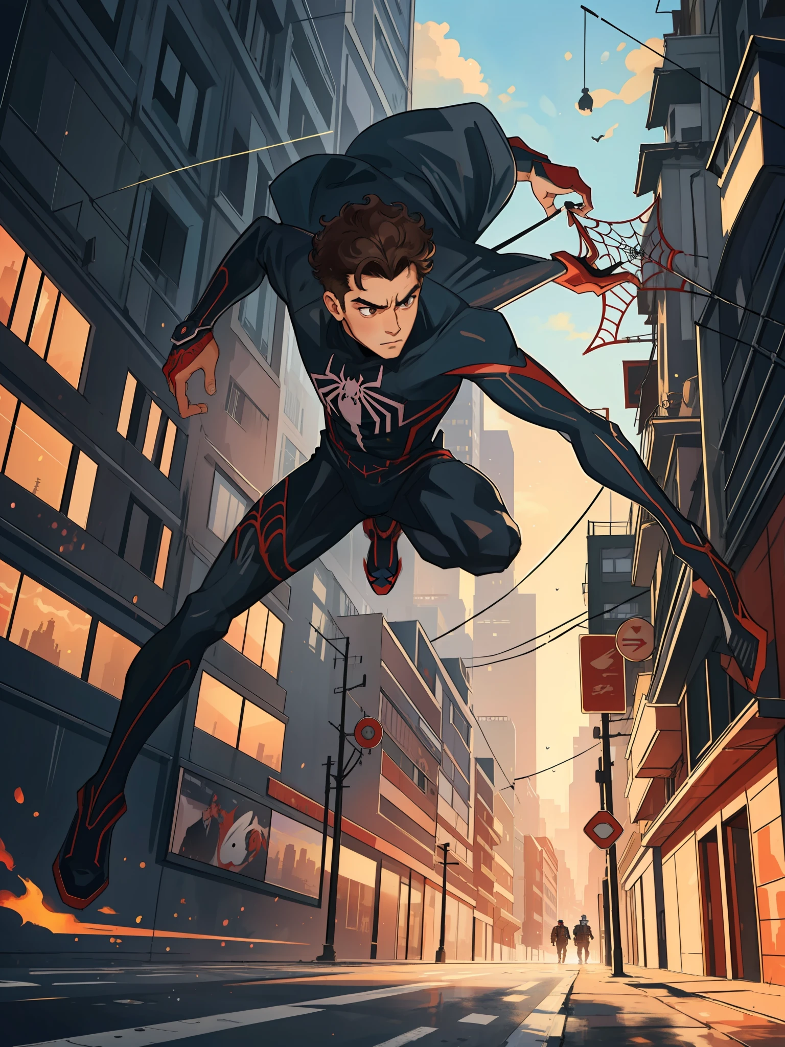 (masterpiece, best quality), intricate details, 8k, artstation, wallpaper, official art, splash art, sharp focus,
1boy, curly, short hair, brown eyes,
 spider suit, spider web printing, spider web, no mask
skyscrapers, city, buildings, cars, street,