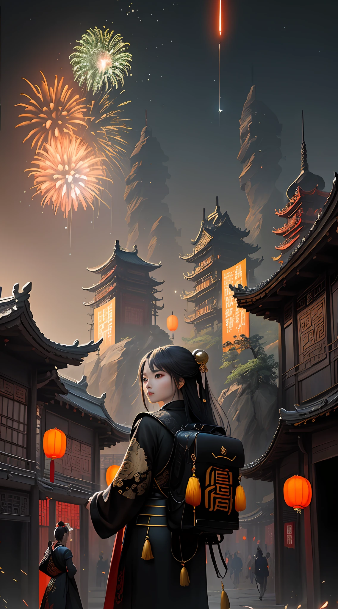 Chinese Ancient Times,Chang'an,the Tang Dynasty,expansive view,Rows of ancient Chinese buildings,Wide streets on both sides。Fireworks fall like shooting stars,Giant moon in the night sky,Fashion trends at art stations,Art style of reality and fantasy,Rich and detailed genre paintings,Dark gold and black,chinapunk,Graphic design