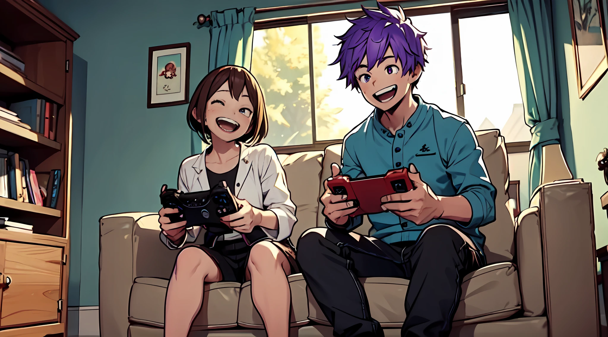 Boy with purple hair and girl with brown hair、great laughter、Video games together、sofas、DVR、relax vibe、high-level image quality、A delightful、controller、Playing、Deformed